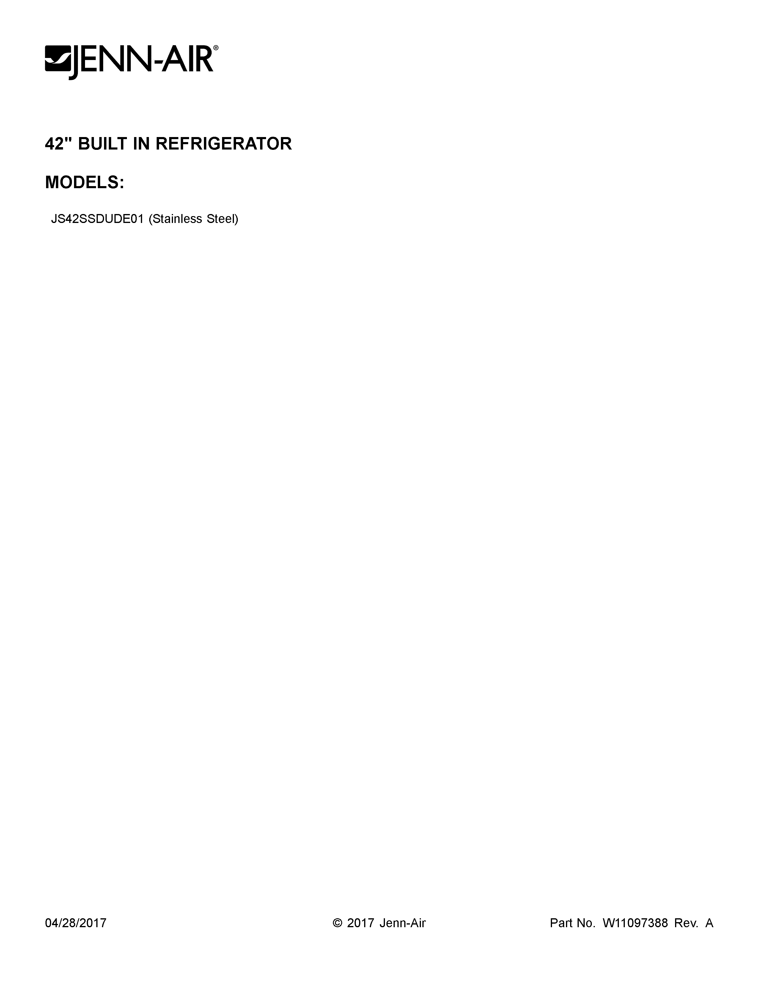 Jenn-Air JS42SSDUDE01 cover sheet diagram