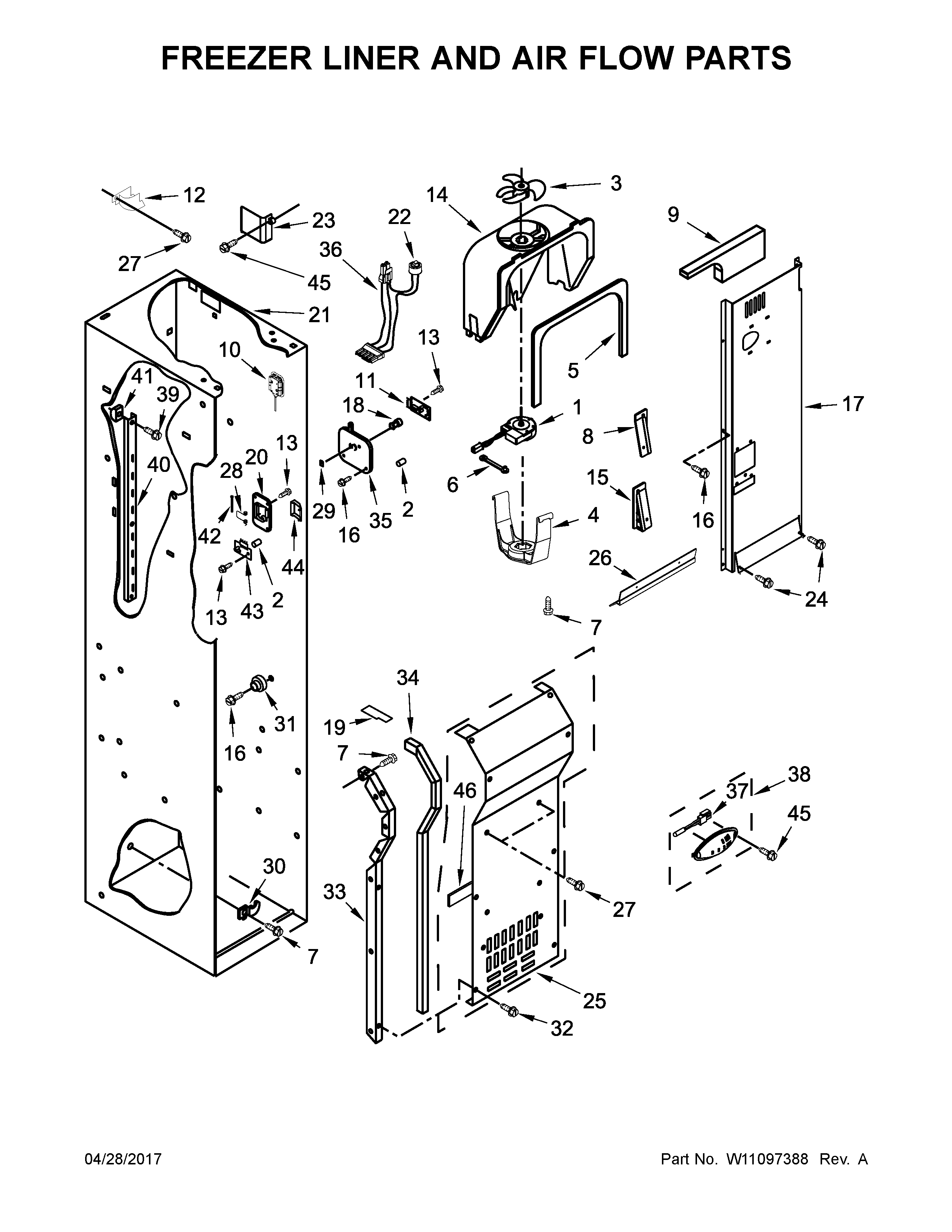 Jenn-Air JS42SSDUDE01 freezer liner and air flow parts diagram