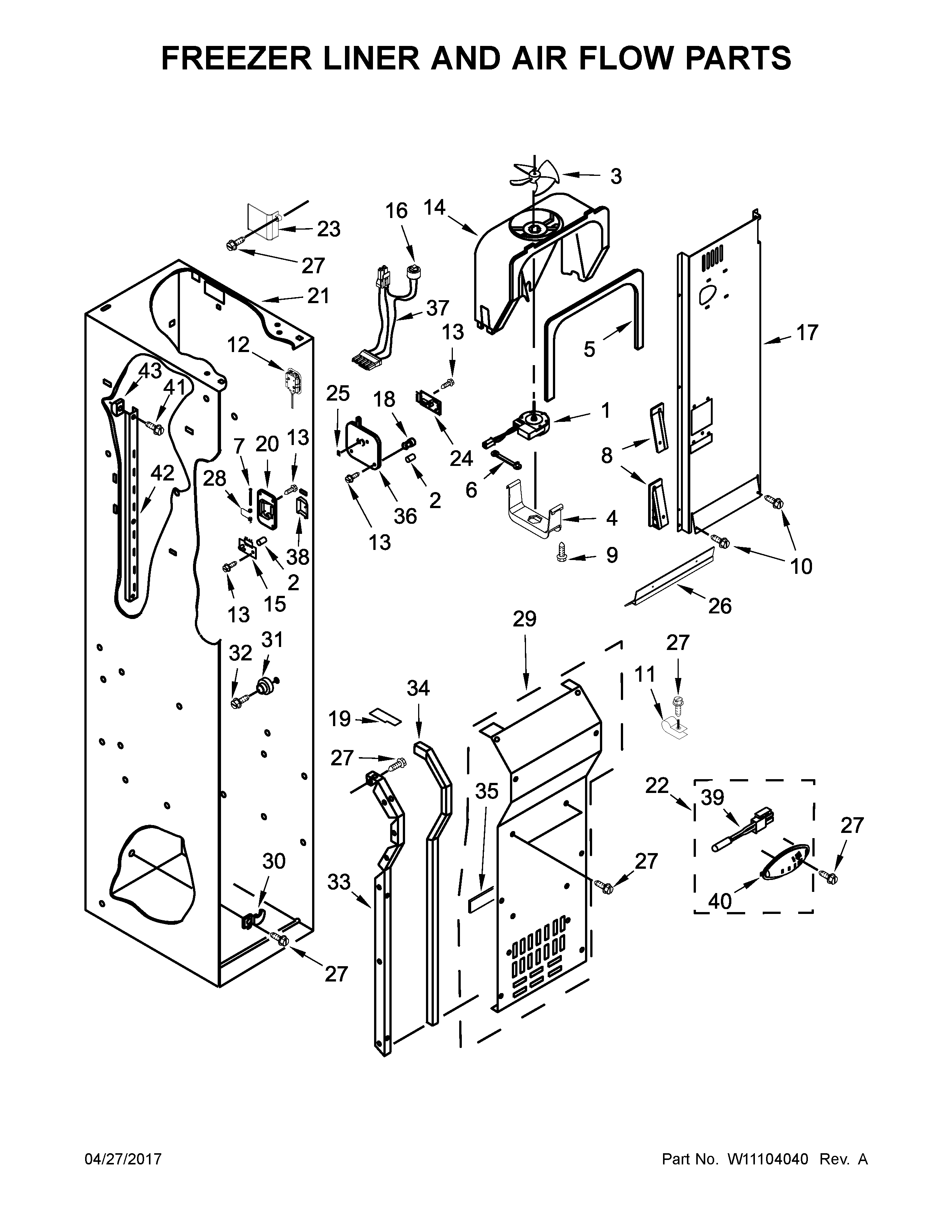 Jenn-Air JS48PPDUDE01 freezer liner and air flow parts diagram