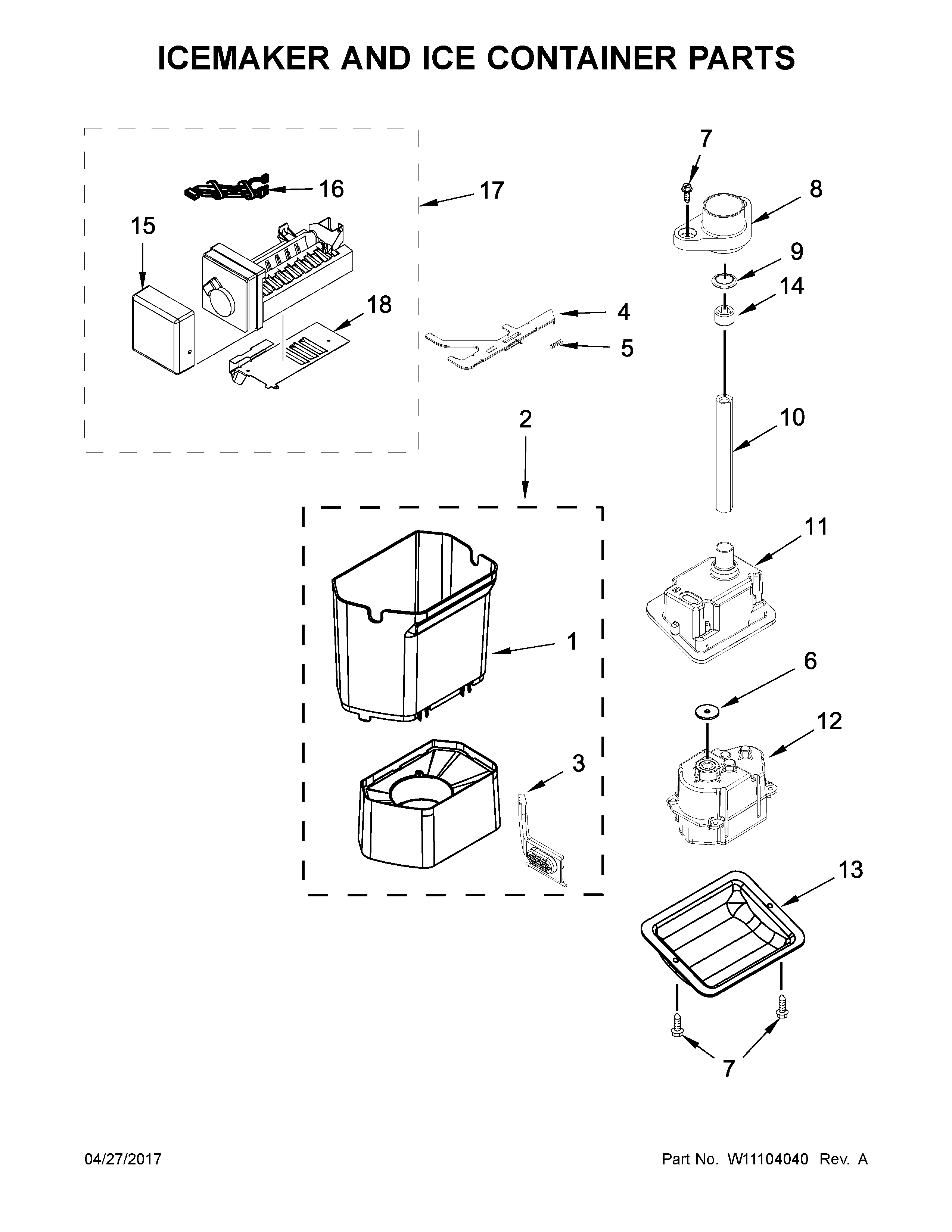 Jenn-Air JS48PPDUDE01 icemaker and ice container parts diagram