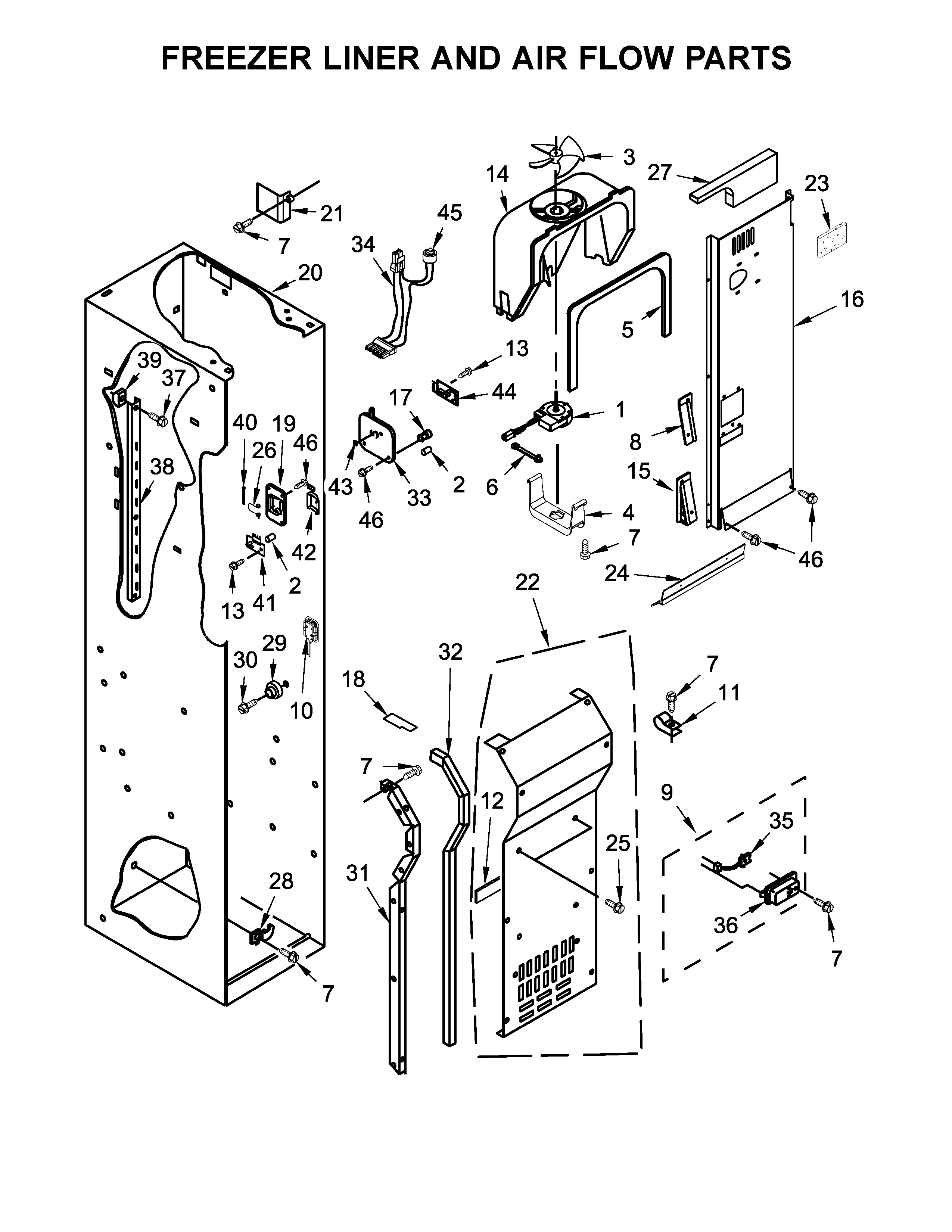 KitchenAid KBSD608EBS01 freezer liner and air flow parts diagram
