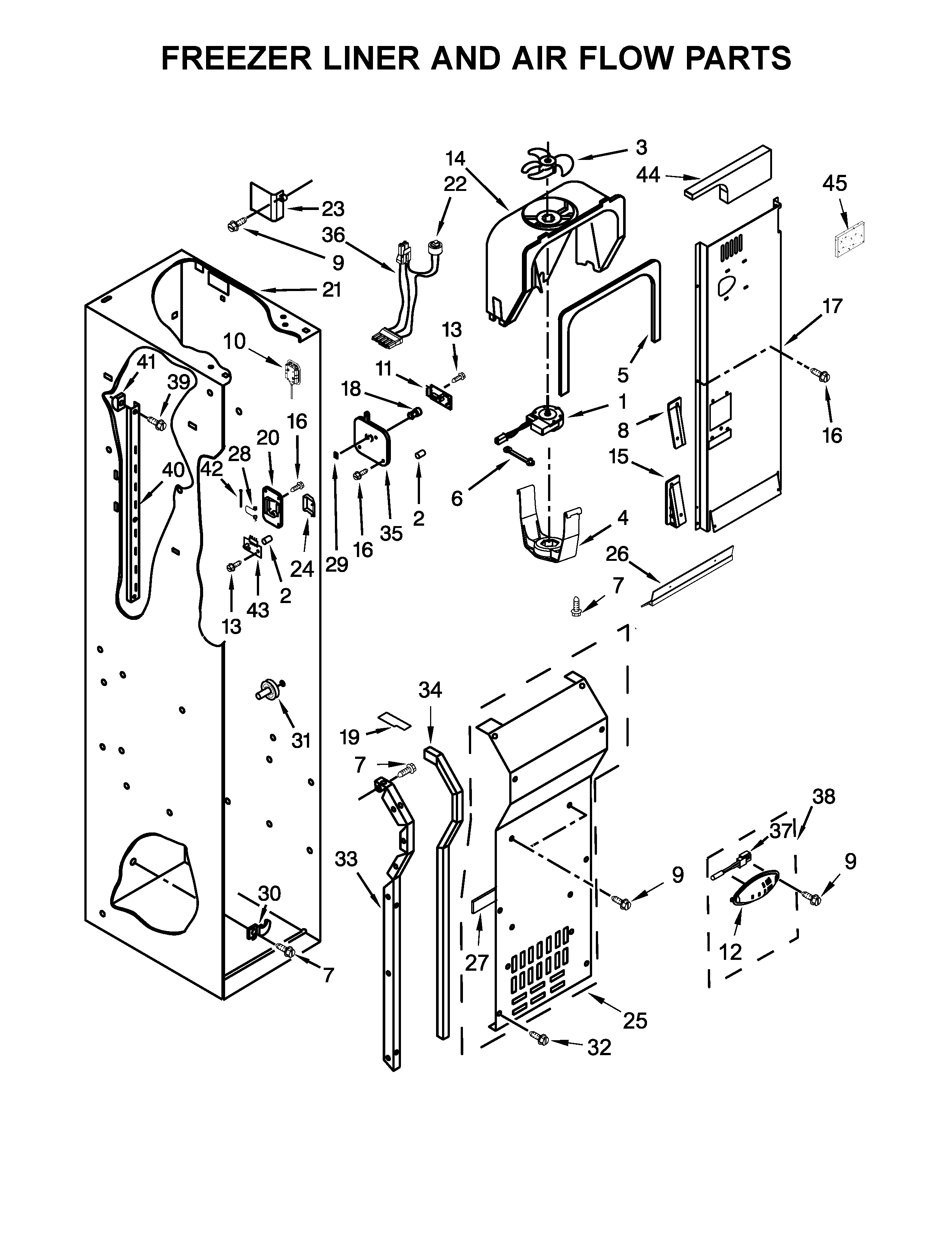 KitchenAid KBSD612ESS01 freezer liner and air flow parts diagram