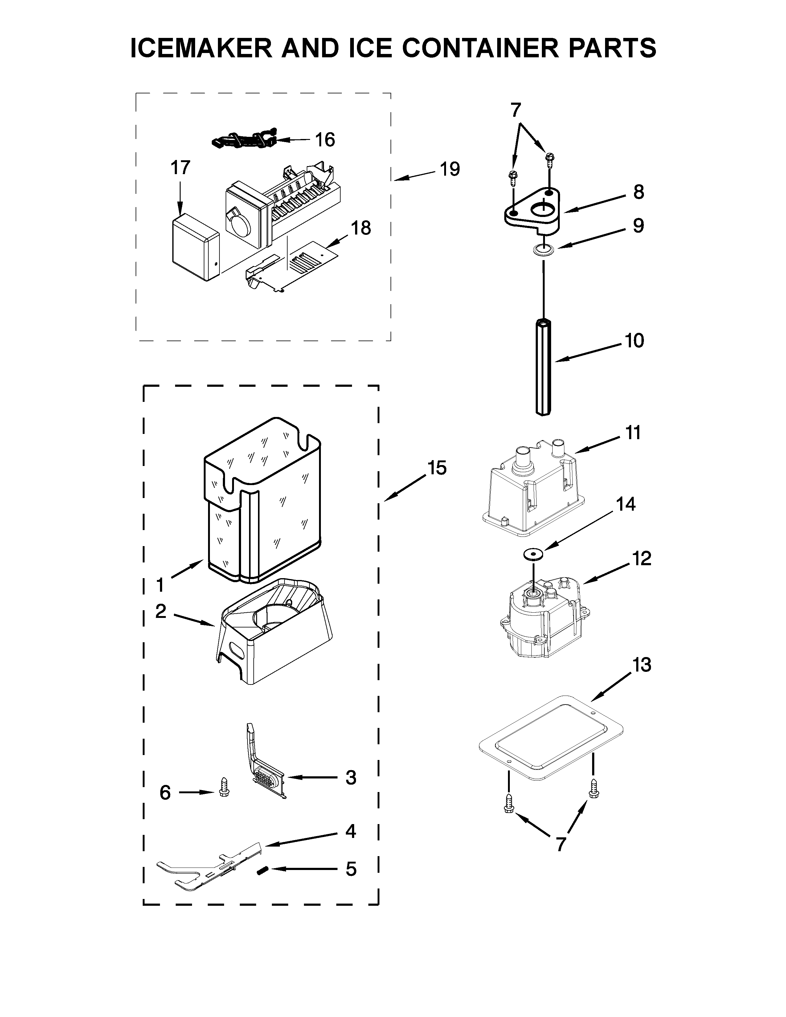 KitchenAid KBSD612ESS01 icemaker and ice container parts diagram