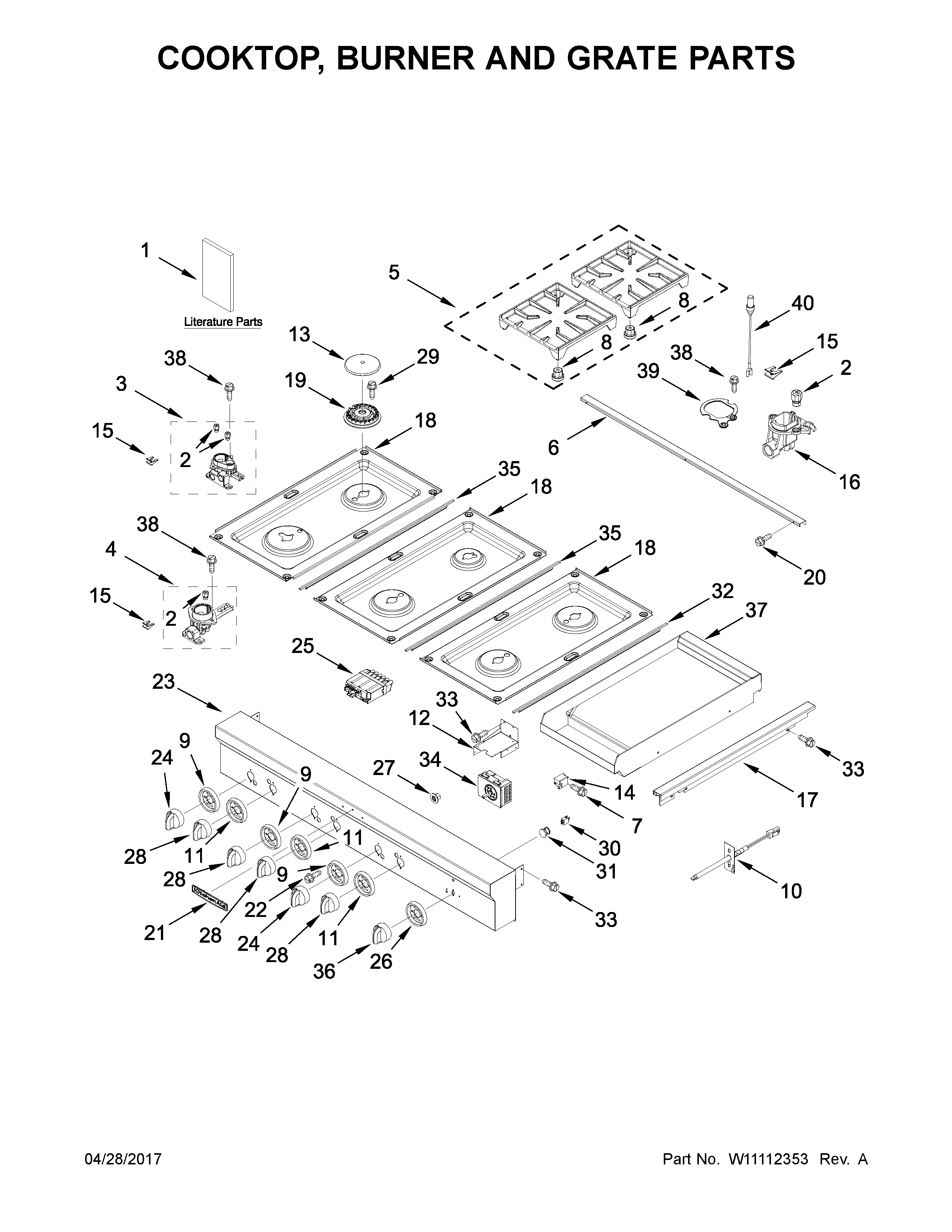 KitchenAid KGCU483VSS02 cooktop, burner and grate parts diagram