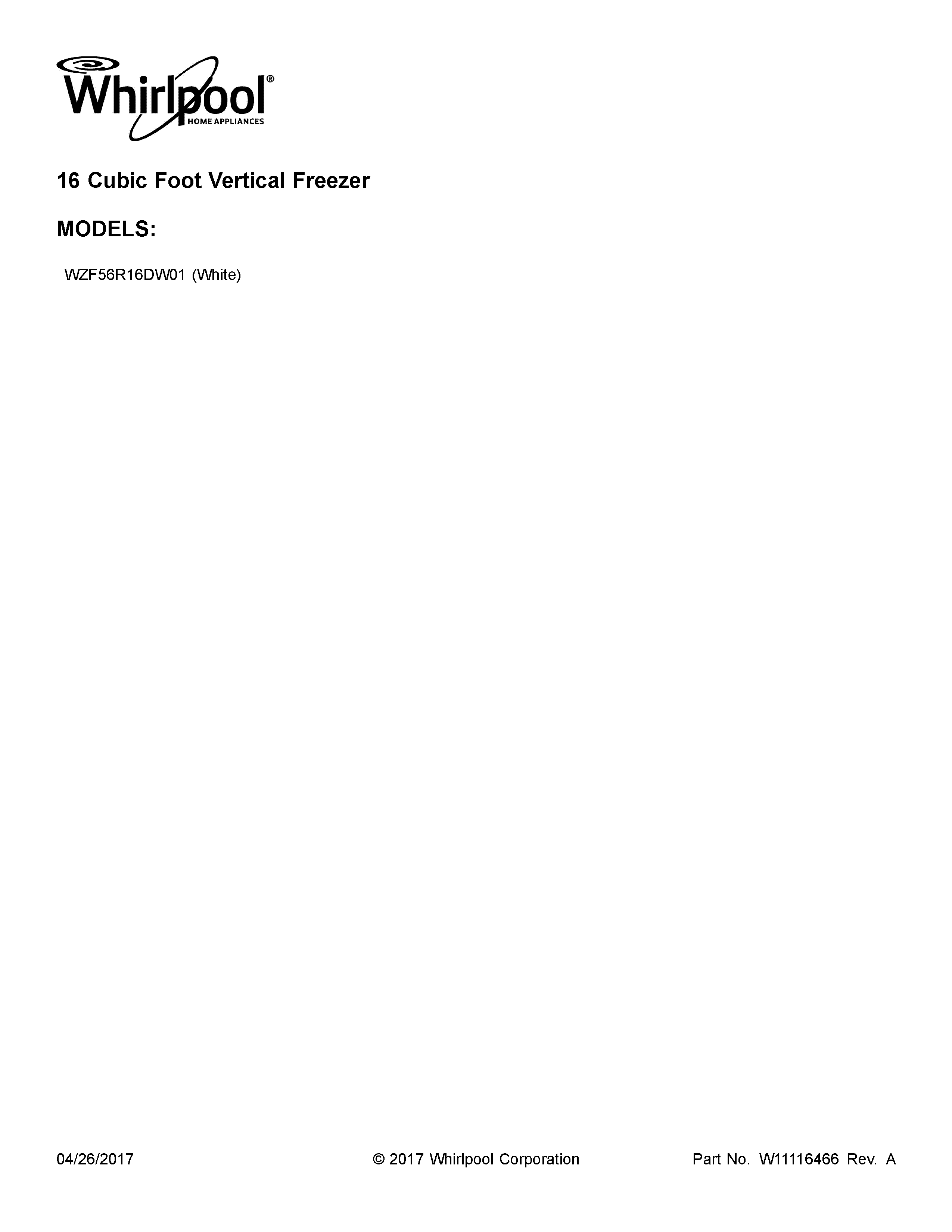 Whirlpool WZF56R16DW01 cover sheet diagram