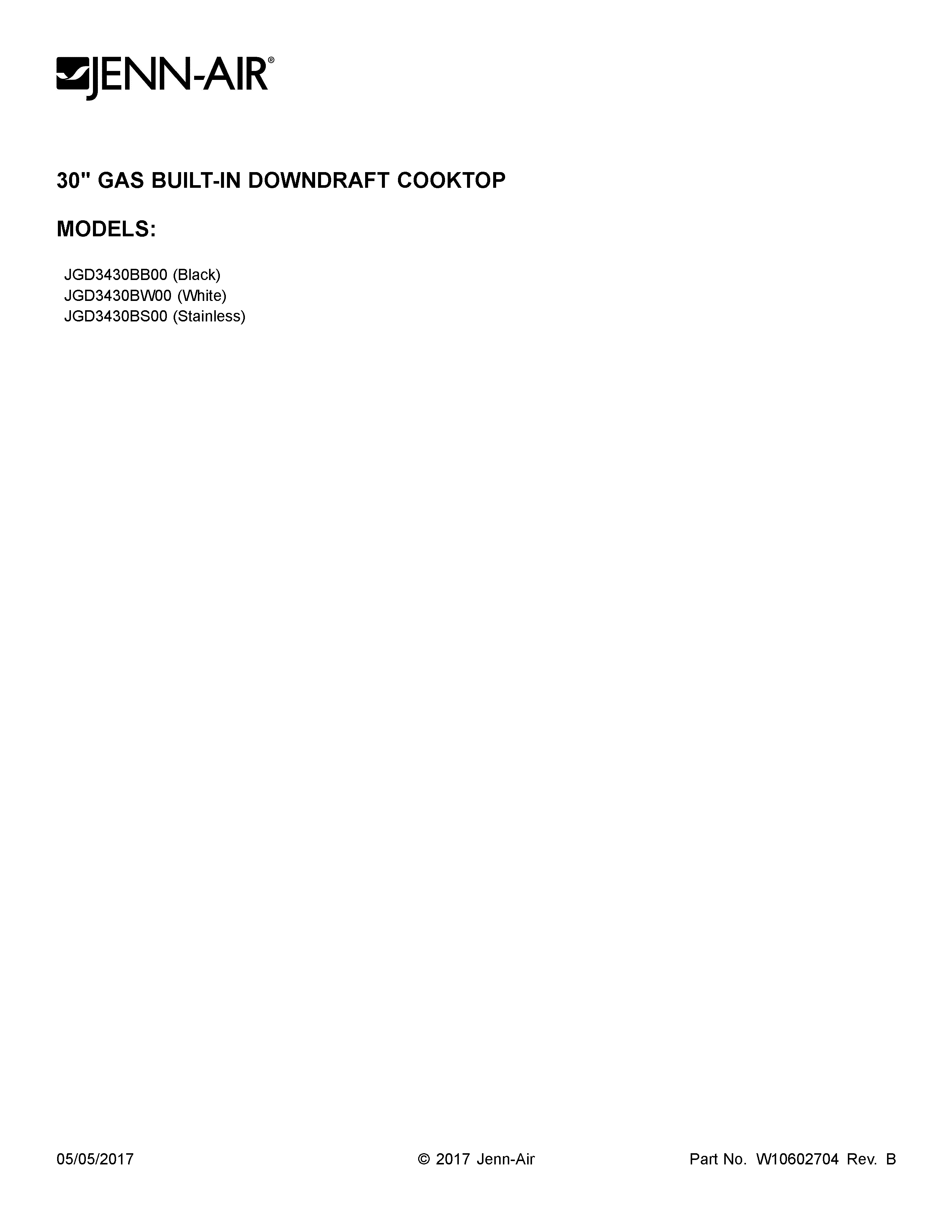 Jenn-Air JGD3430BW00 cover sheet diagram
