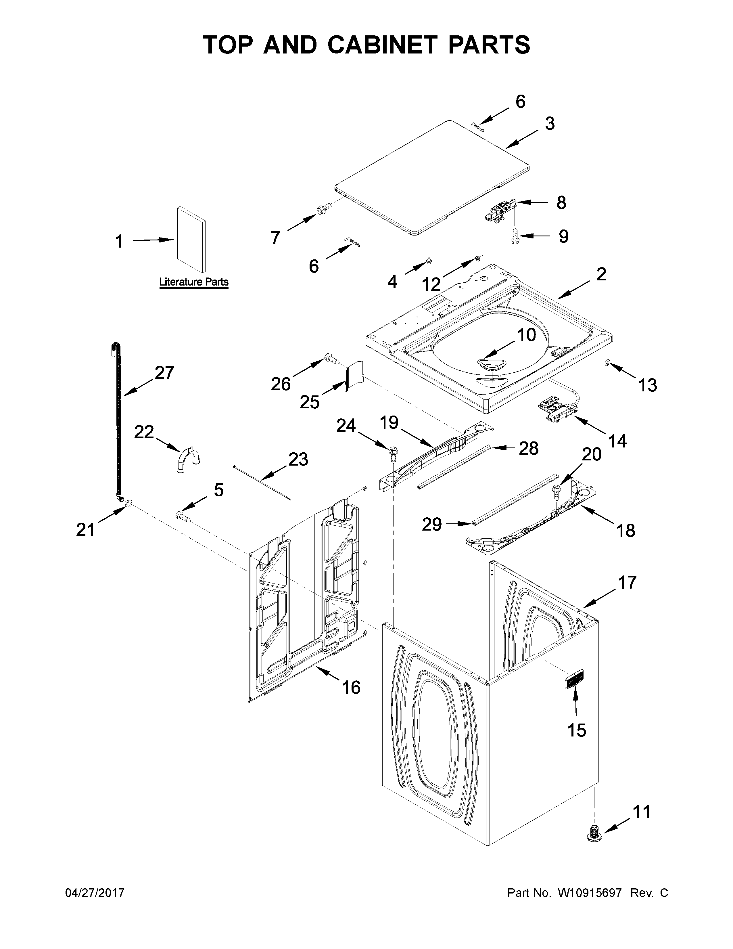 Maytag 3LMVWC315FW0 top and cabinet parts diagram