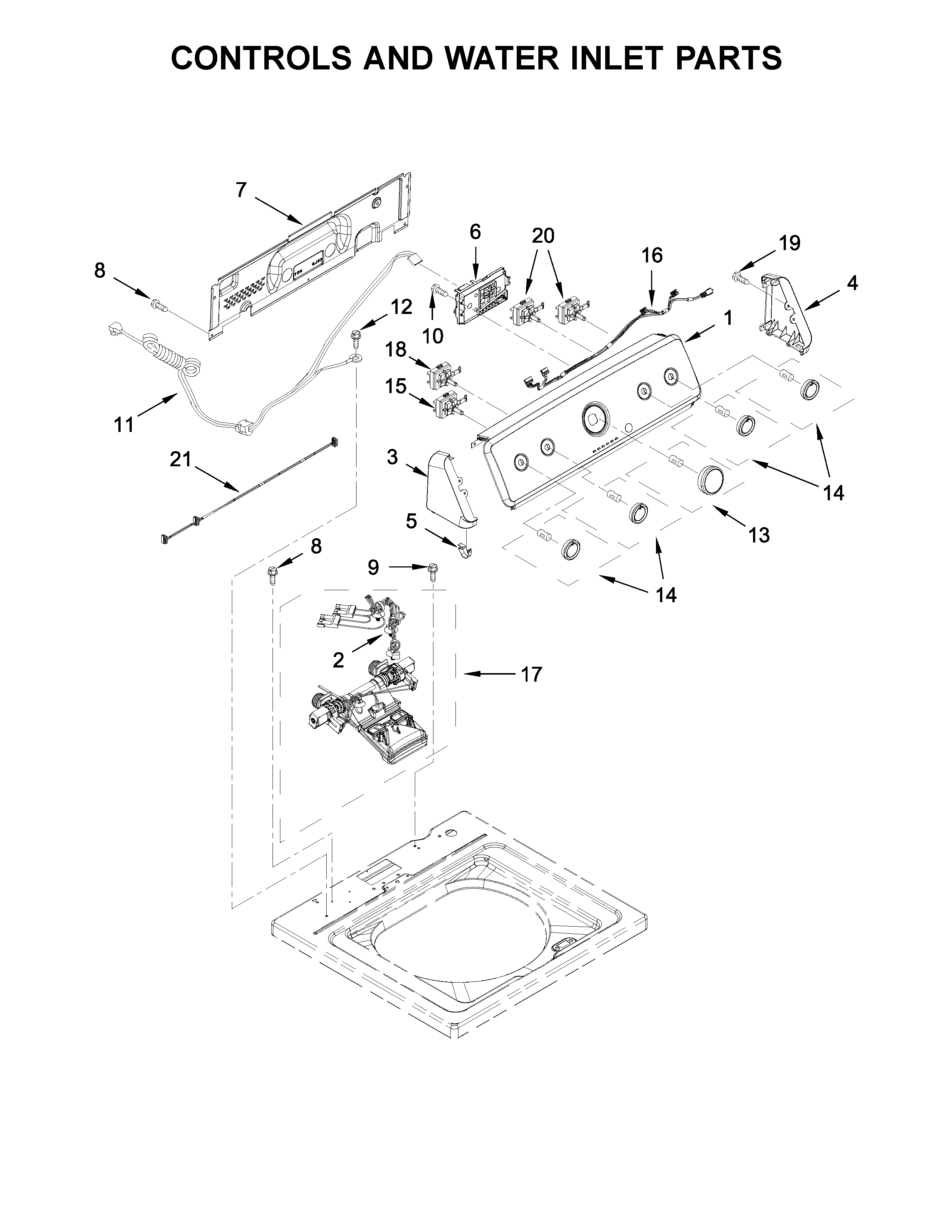 Maytag 3LMVWC315FW0 controls and water inlet parts diagram