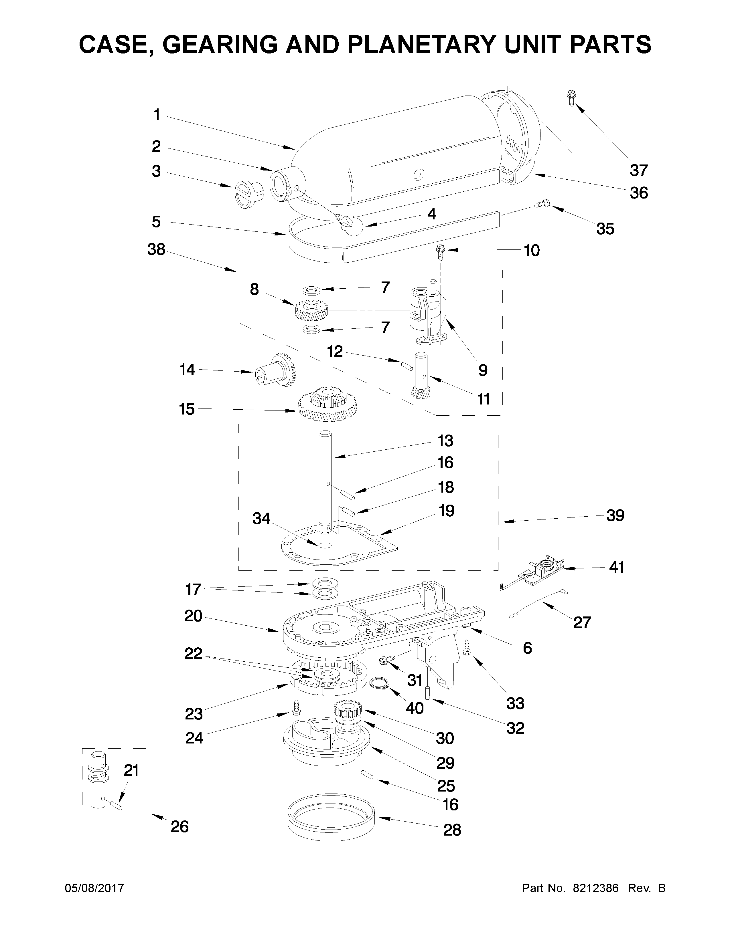 KitchenAid 5K45SSWH4 case, gearing and planetary unit parts diagram