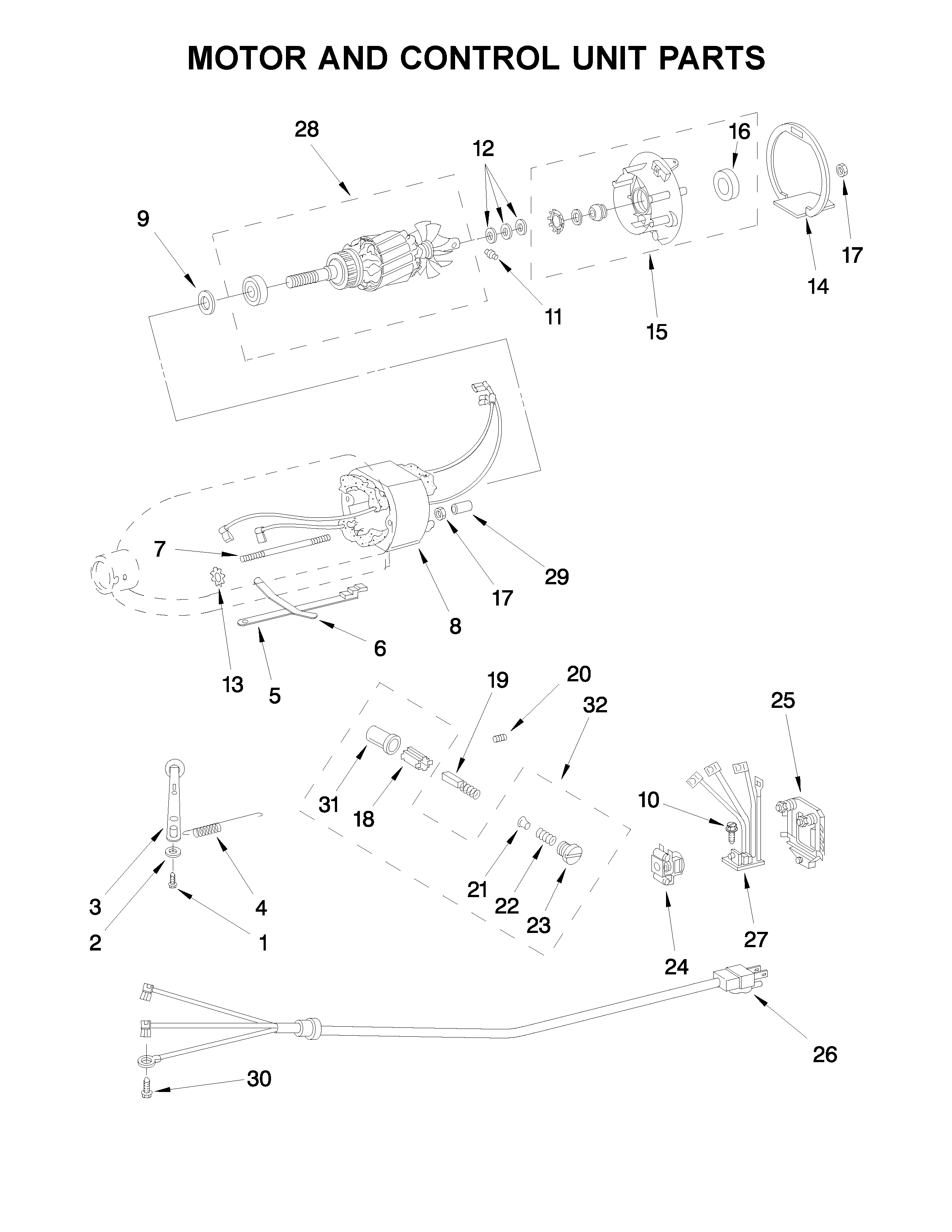KitchenAid 5K45SSWH4 motor and control unit parts diagram