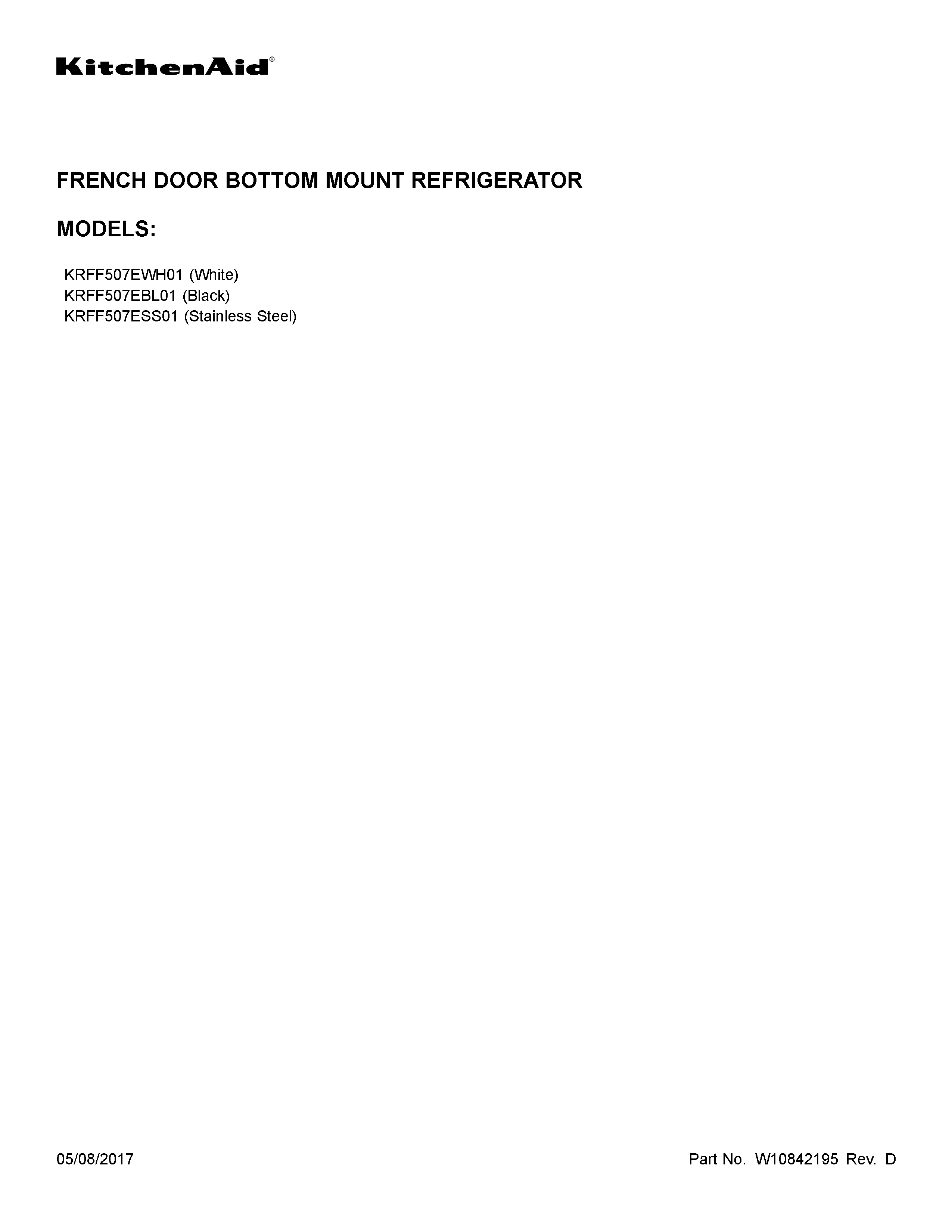 KitchenAid KRFF507EWH01 cover sheet diagram
