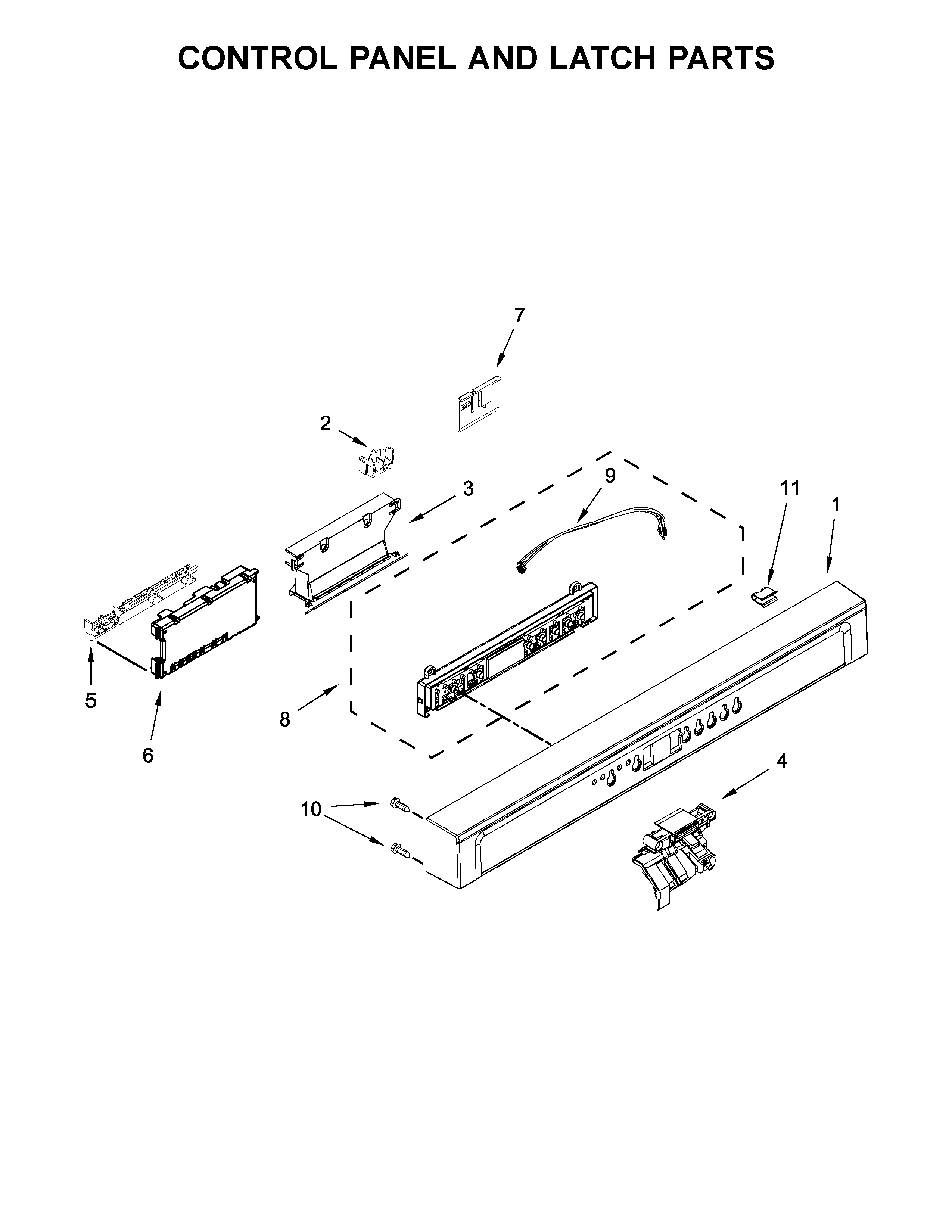 Whirlpool WDF560SAFT1 control panel and latch parts diagram
