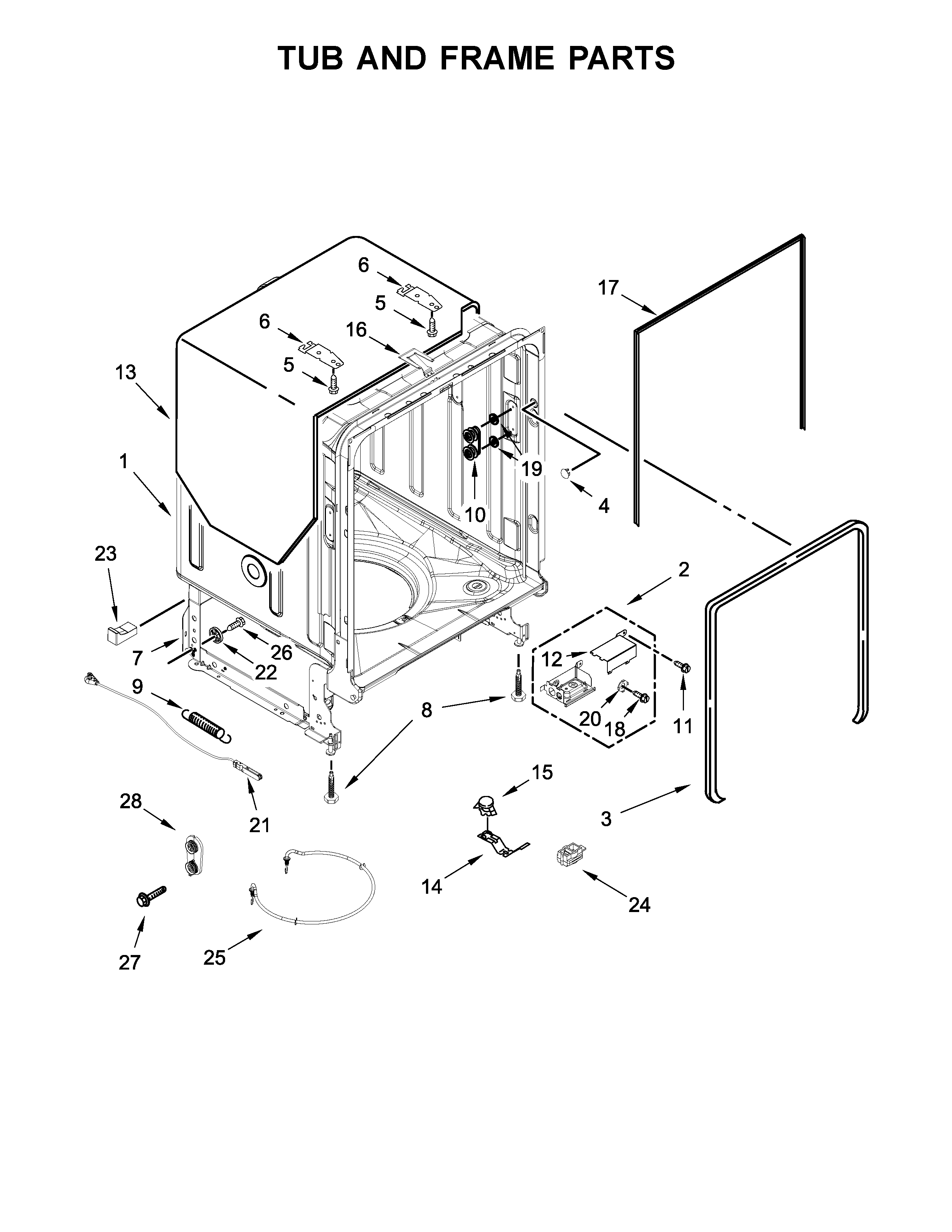 Whirlpool WDF560SAFT1 tub and frame parts diagram