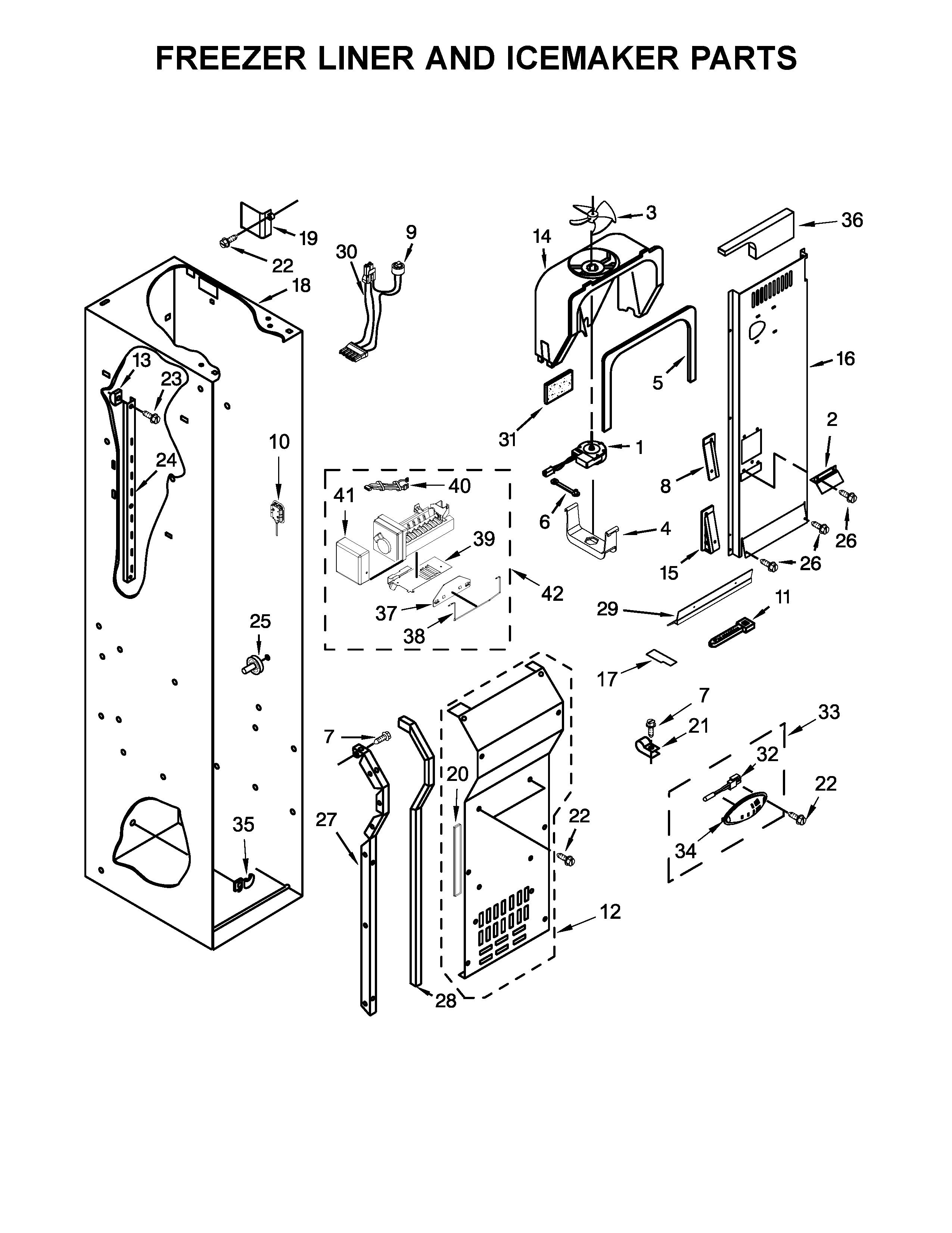 KitchenAid KBSN602EPA01 freezer liner and icemaker parts diagram