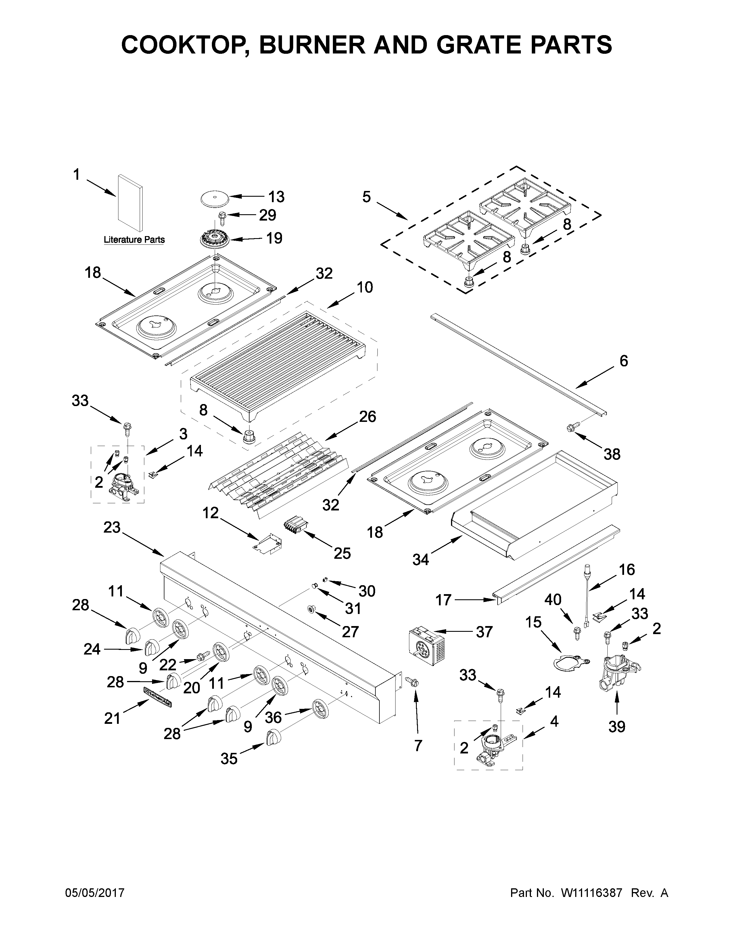KitchenAid KGCU484VSS02 cooktop, burner and grate parts diagram