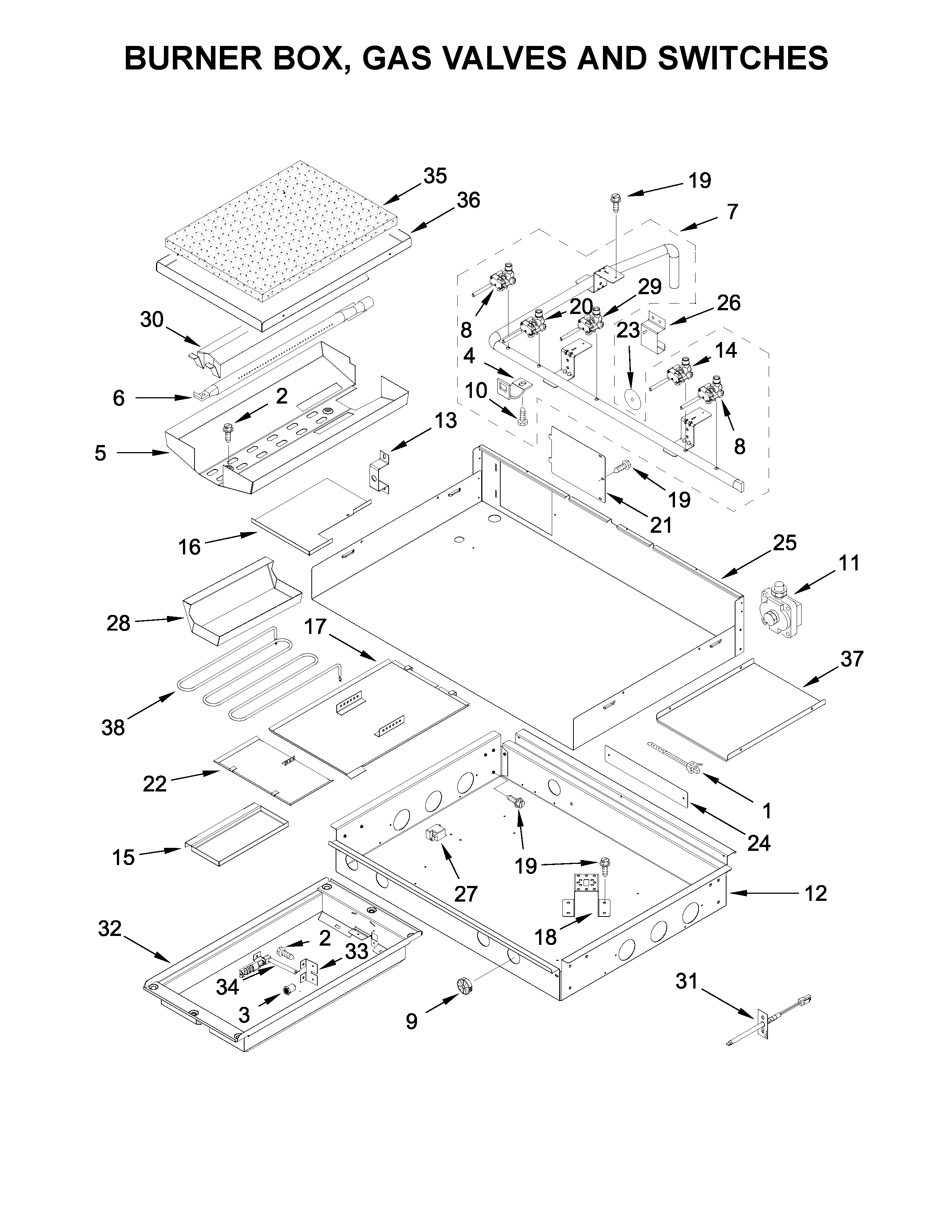 KitchenAid KGCU484VSS02 burner box, gas valves and switches diagram