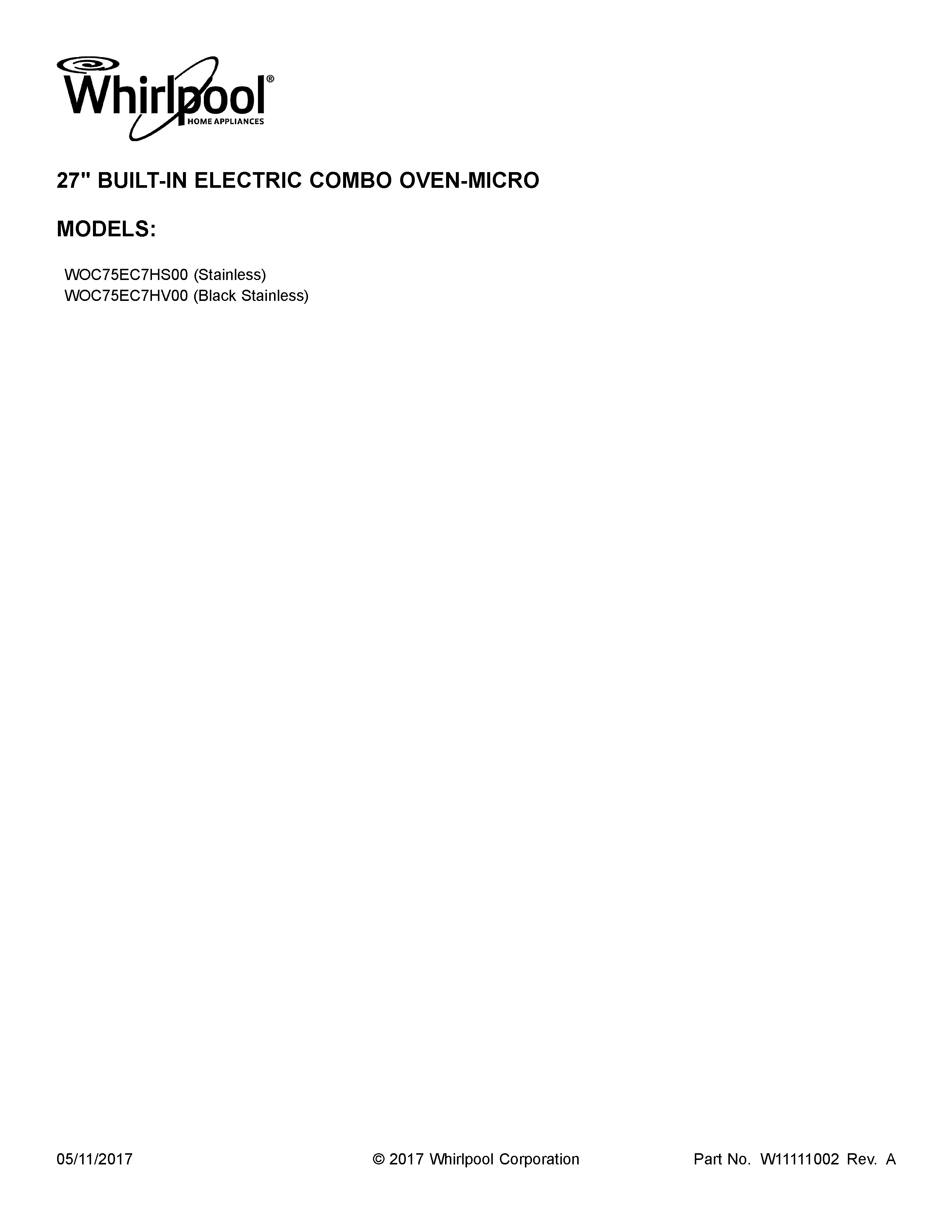 Whirlpool WOC75EC7HV00 cover sheet diagram