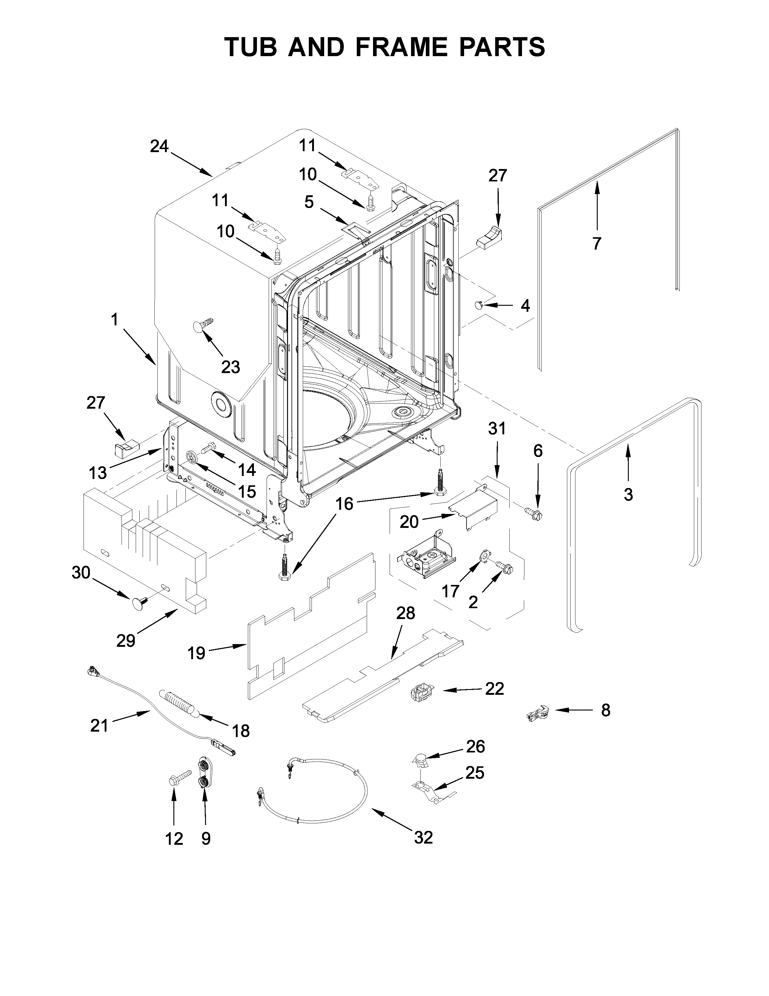 KitchenAid KDTM354ESS3 tub and frame parts diagram