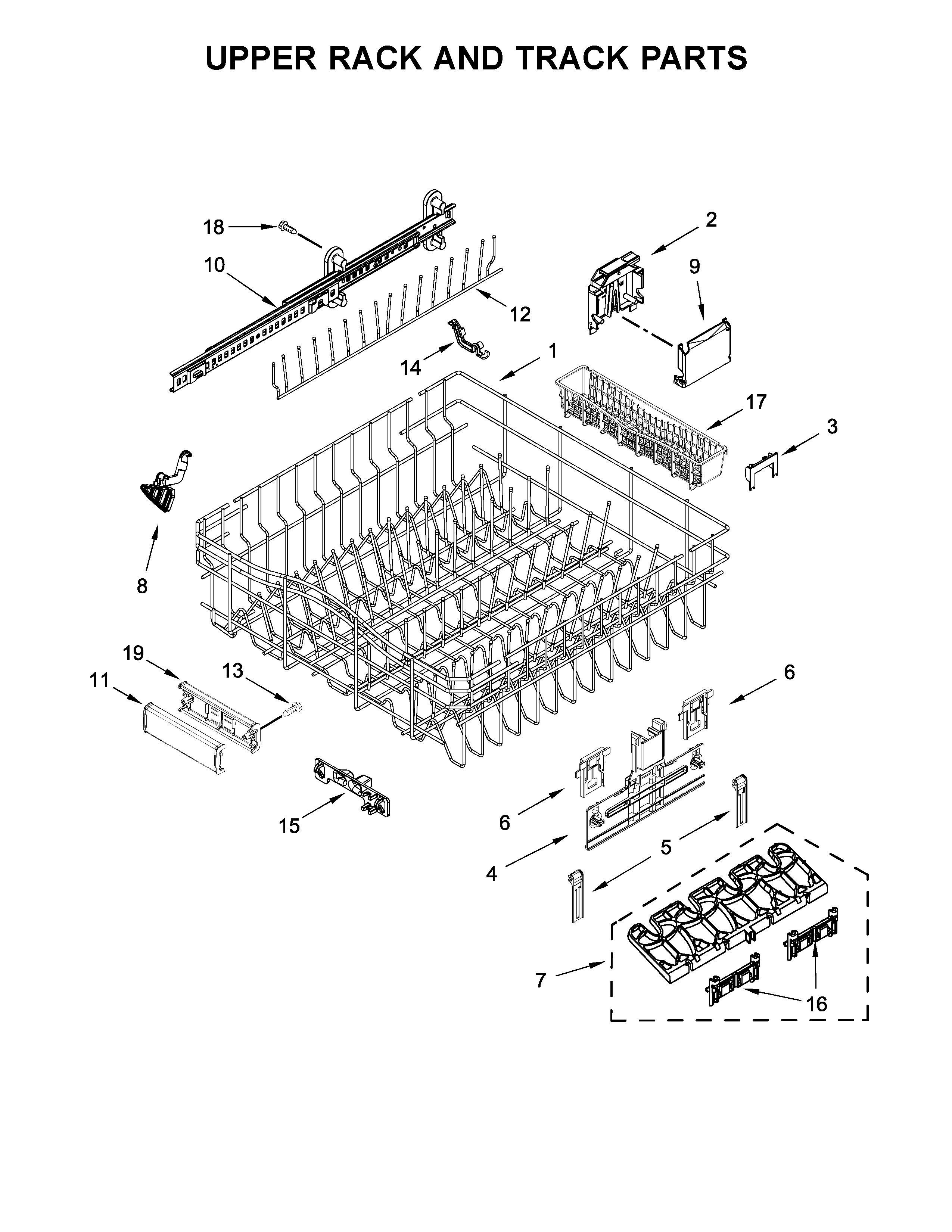 KitchenAid KDTM354ESS3 upper rack and track parts diagram