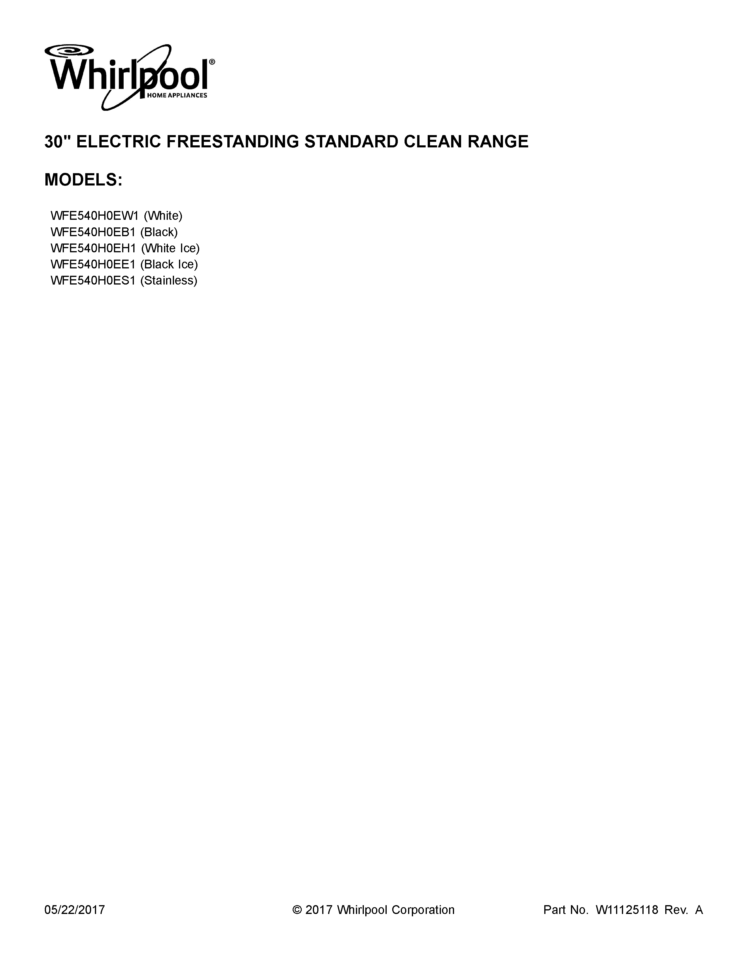 Whirlpool WFE540H0EW1 cover sheet diagram