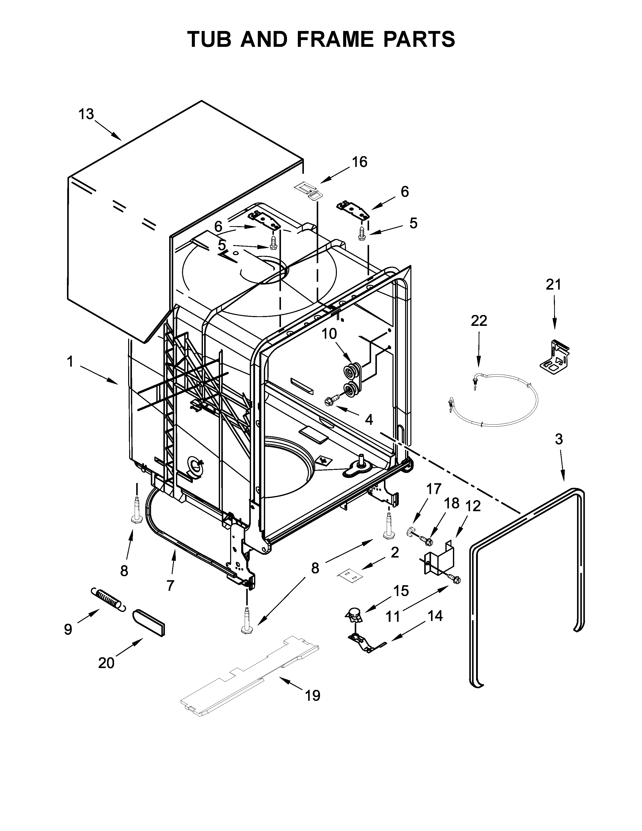 Whirlpool WDT710PAHB0 tub and frame parts diagram