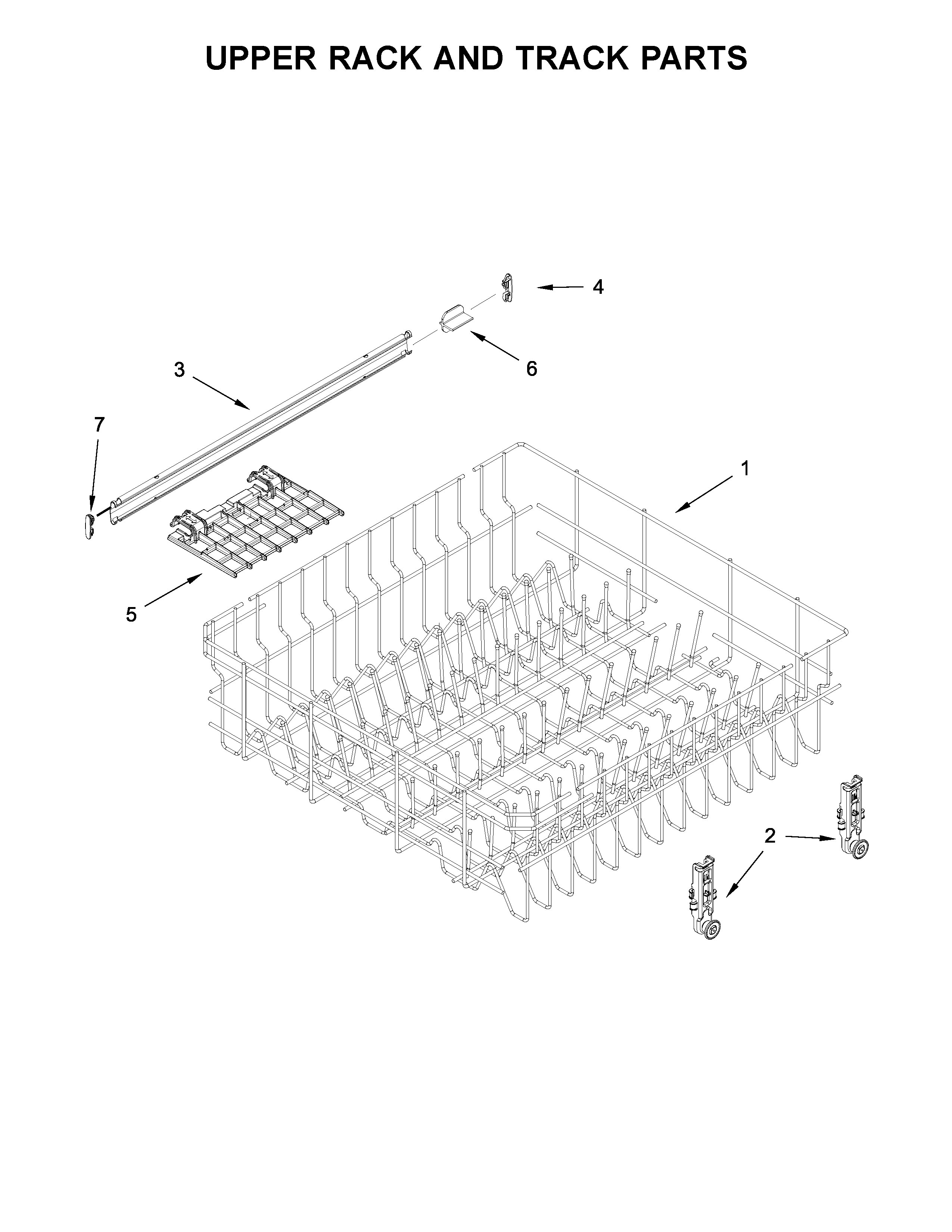 Whirlpool WDT710PAHB0 upper rack and track parts diagram