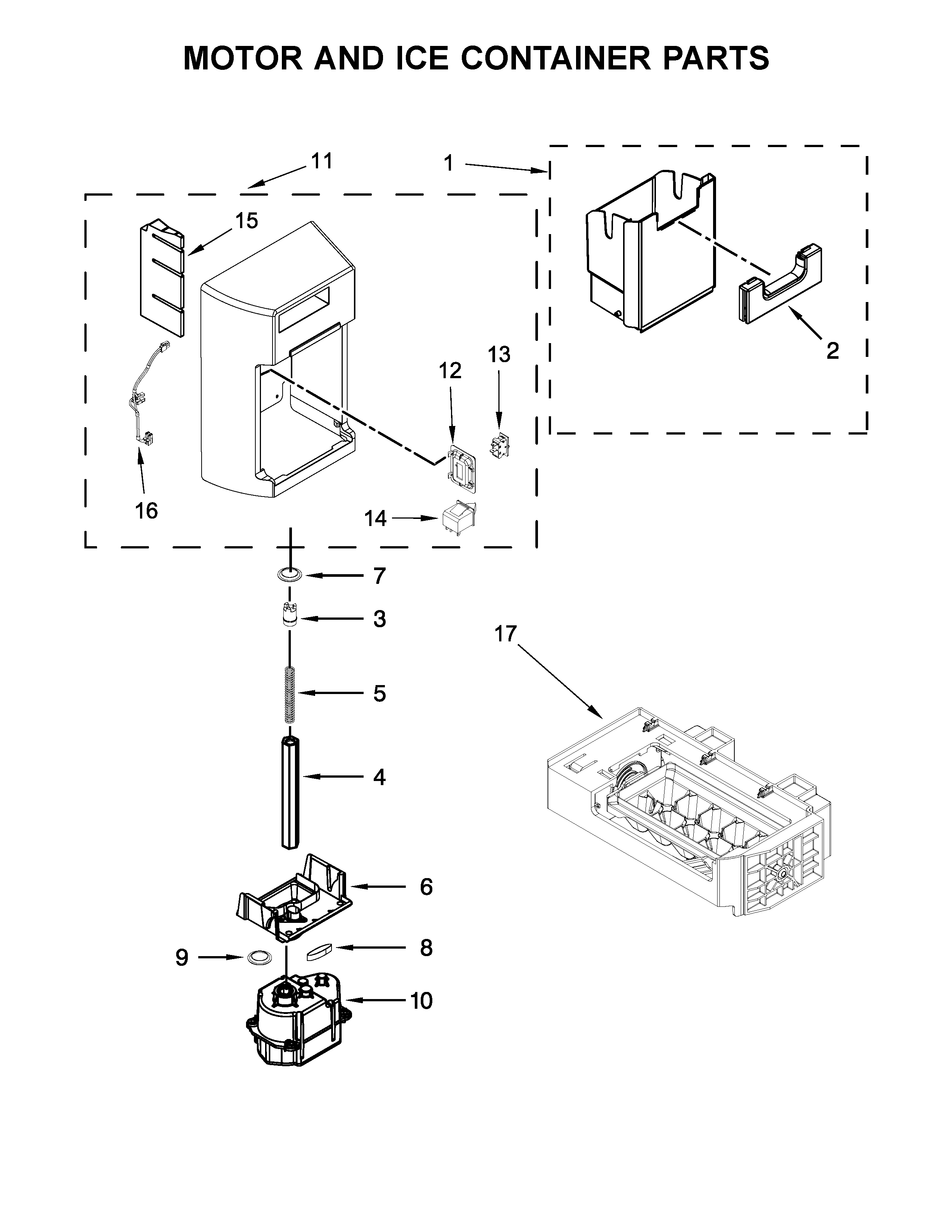 Whirlpool WRS571CIDB02 motor and ice container parts diagram