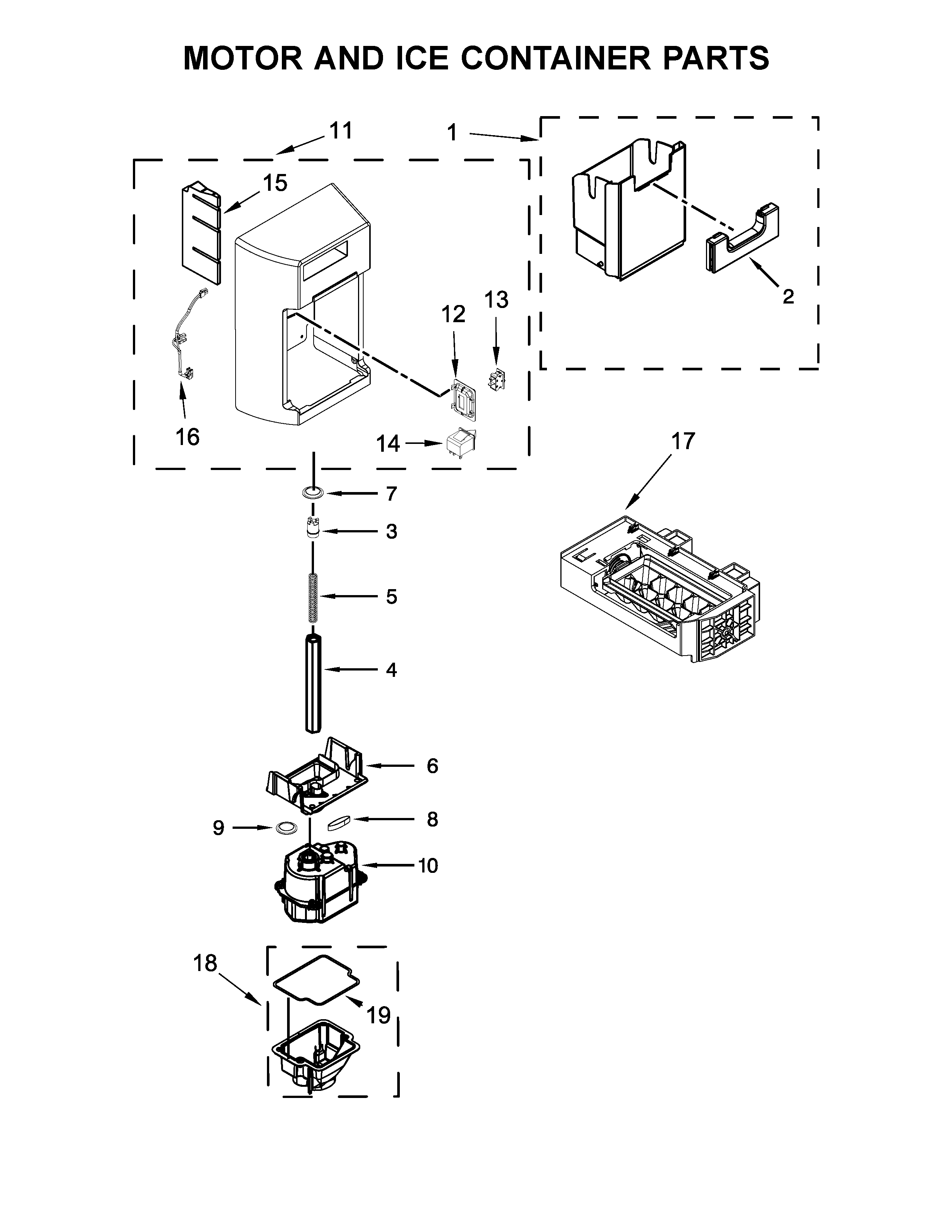 KitchenAid KRSF505ESS00 motor and ice container parts diagram