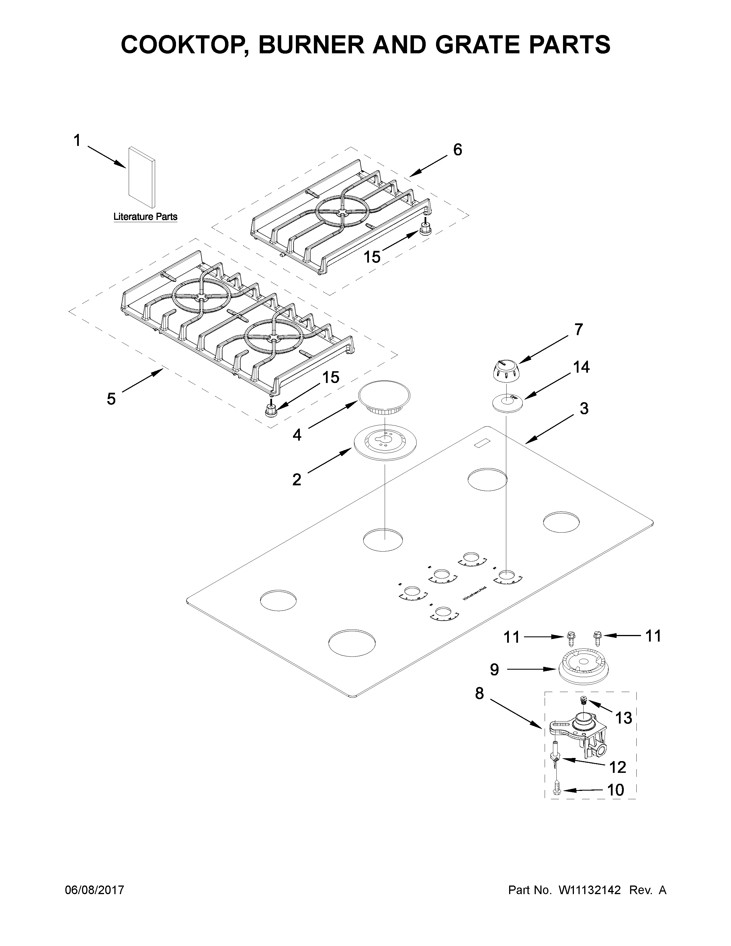 KitchenAid KGCC566RBL07 cooktop, burner and grate parts diagram