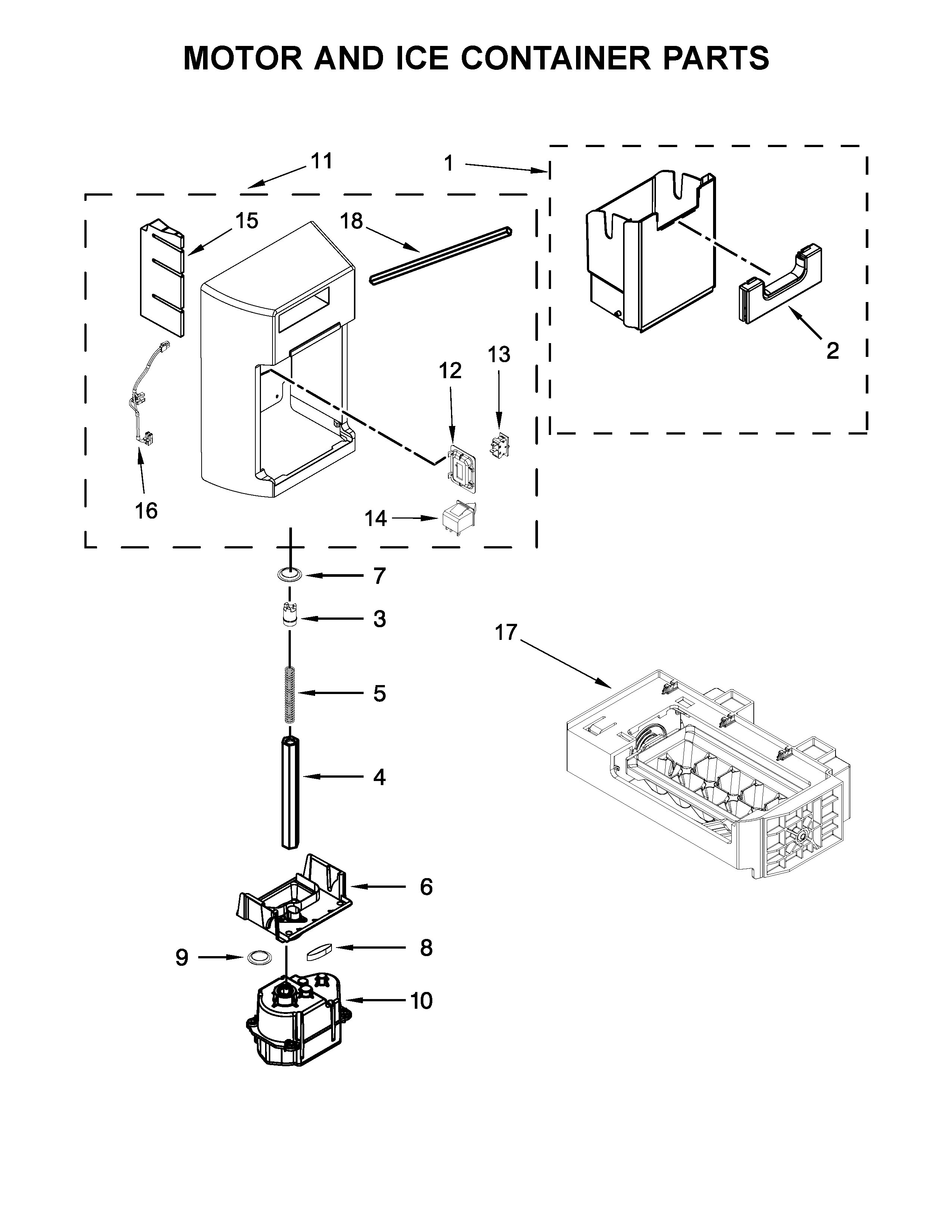 Maytag MSS26C6MEZ00 motor and ice container parts diagram