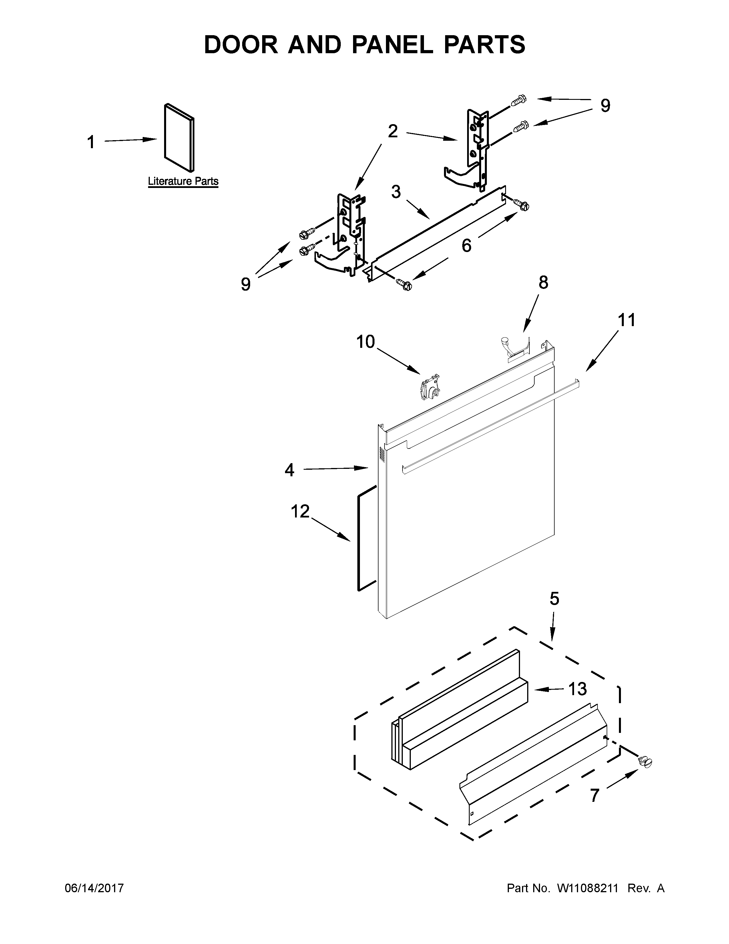 Whirlpool WDTA50SAHN0 door and panel parts diagram