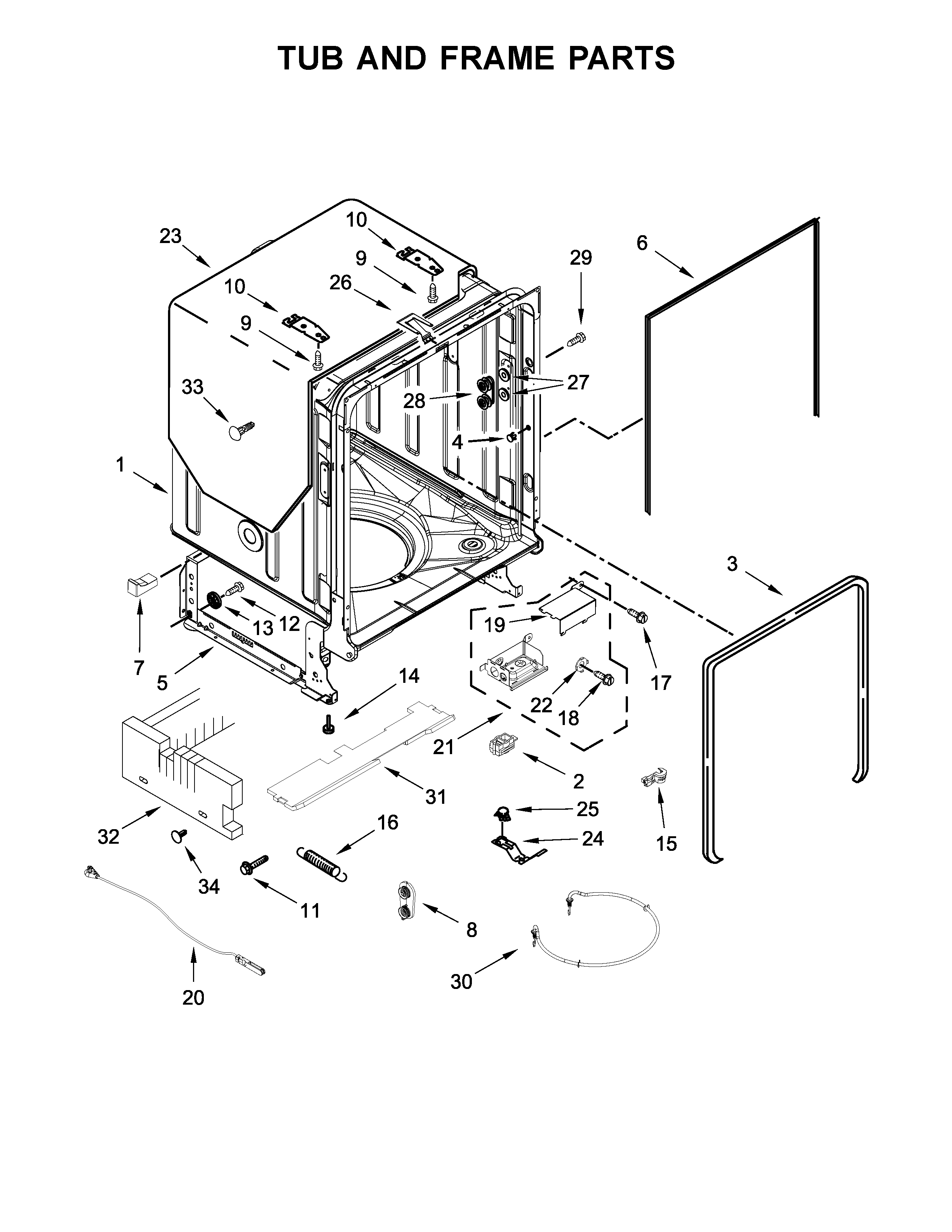 Whirlpool WDTA50SAHN0 tub and frame parts diagram