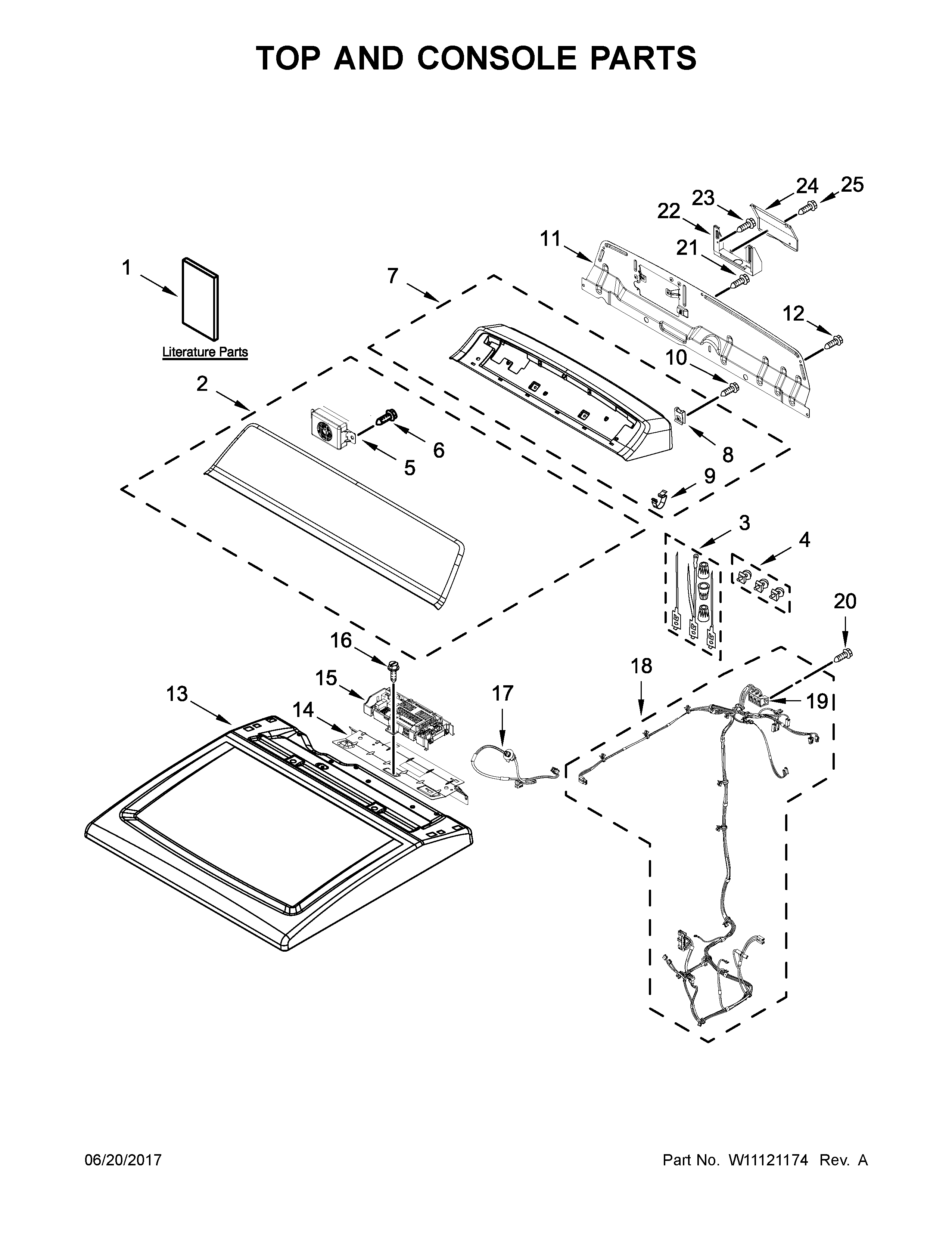Whirlpool WED7500GC0 top and console parts diagram