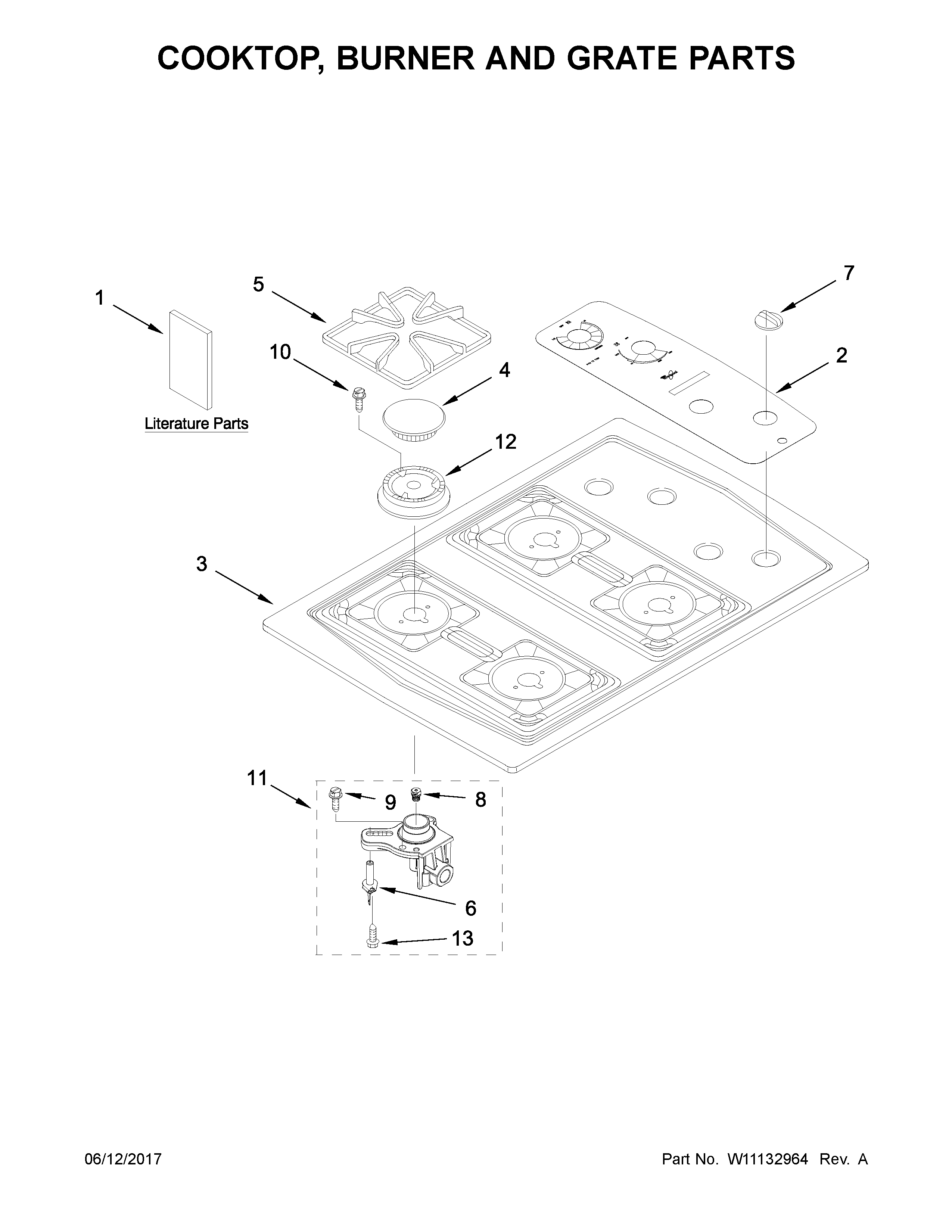 Whirlpool W3CG3014XS02 cooktop, burner and grate parts diagram