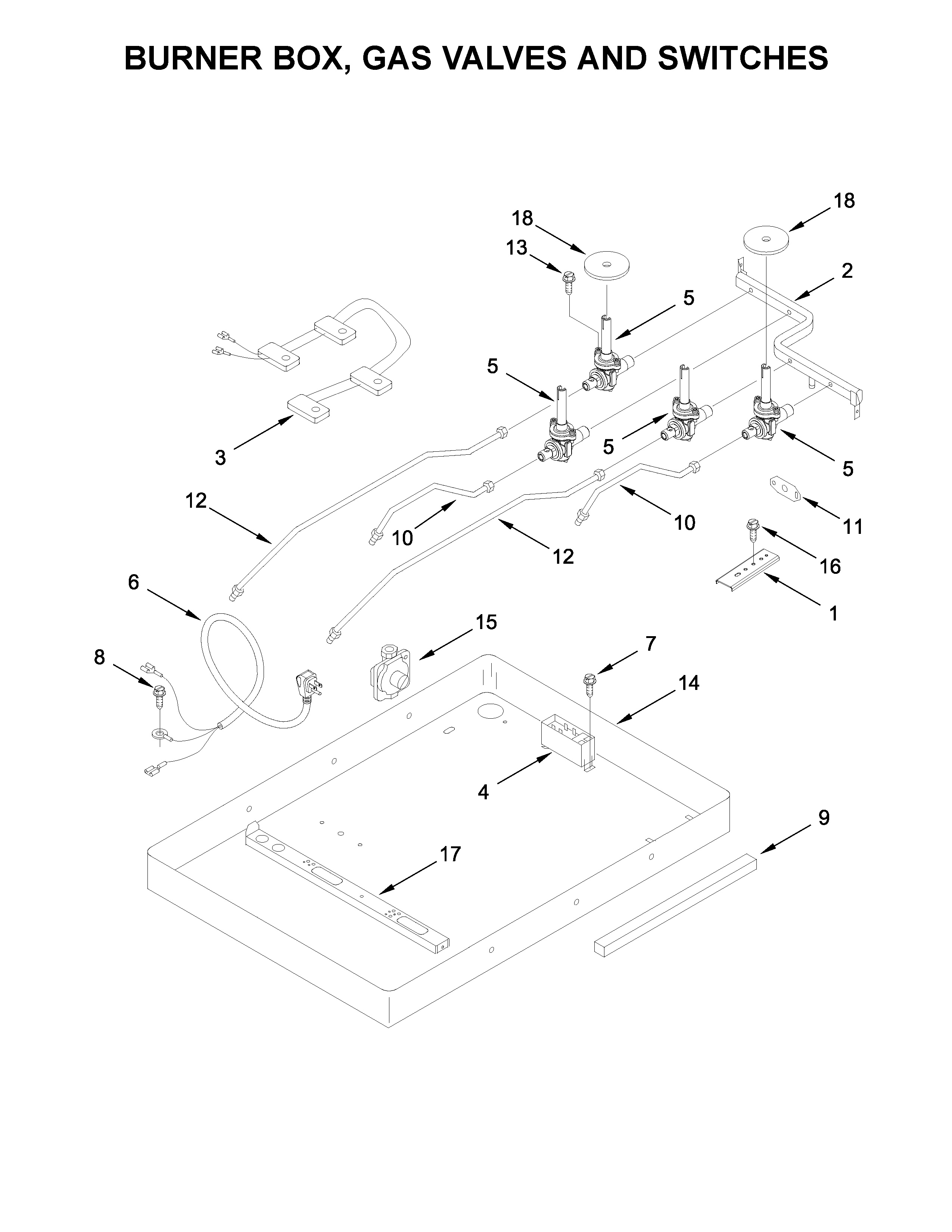 Whirlpool W3CG3014XS02 burner box, gas valves and switches diagram