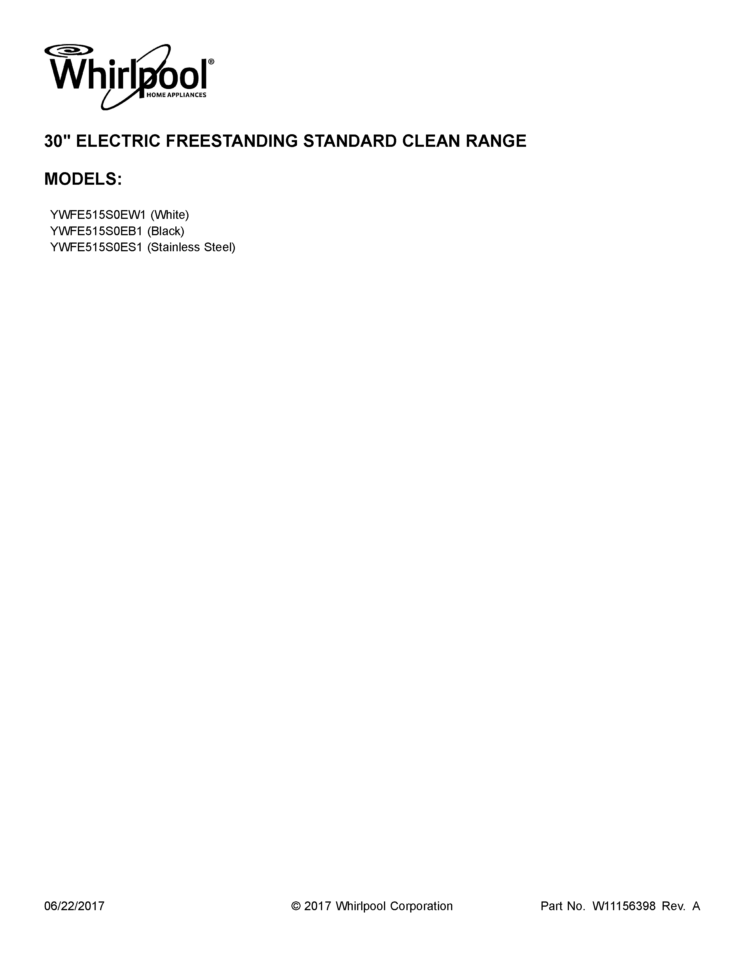 Whirlpool YWFE515S0EW1 cover sheet diagram
