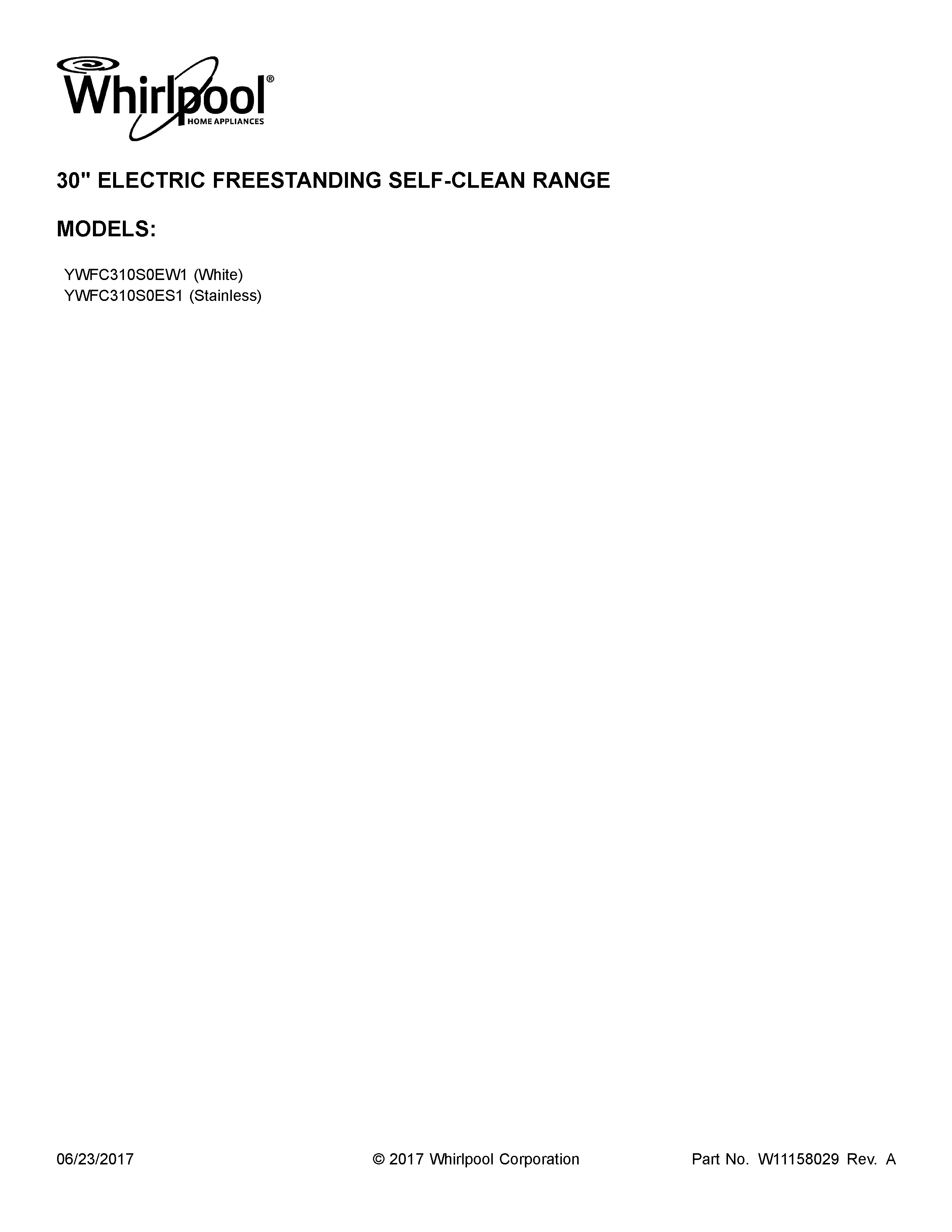 Whirlpool YWFC310S0EW1 cover sheet diagram