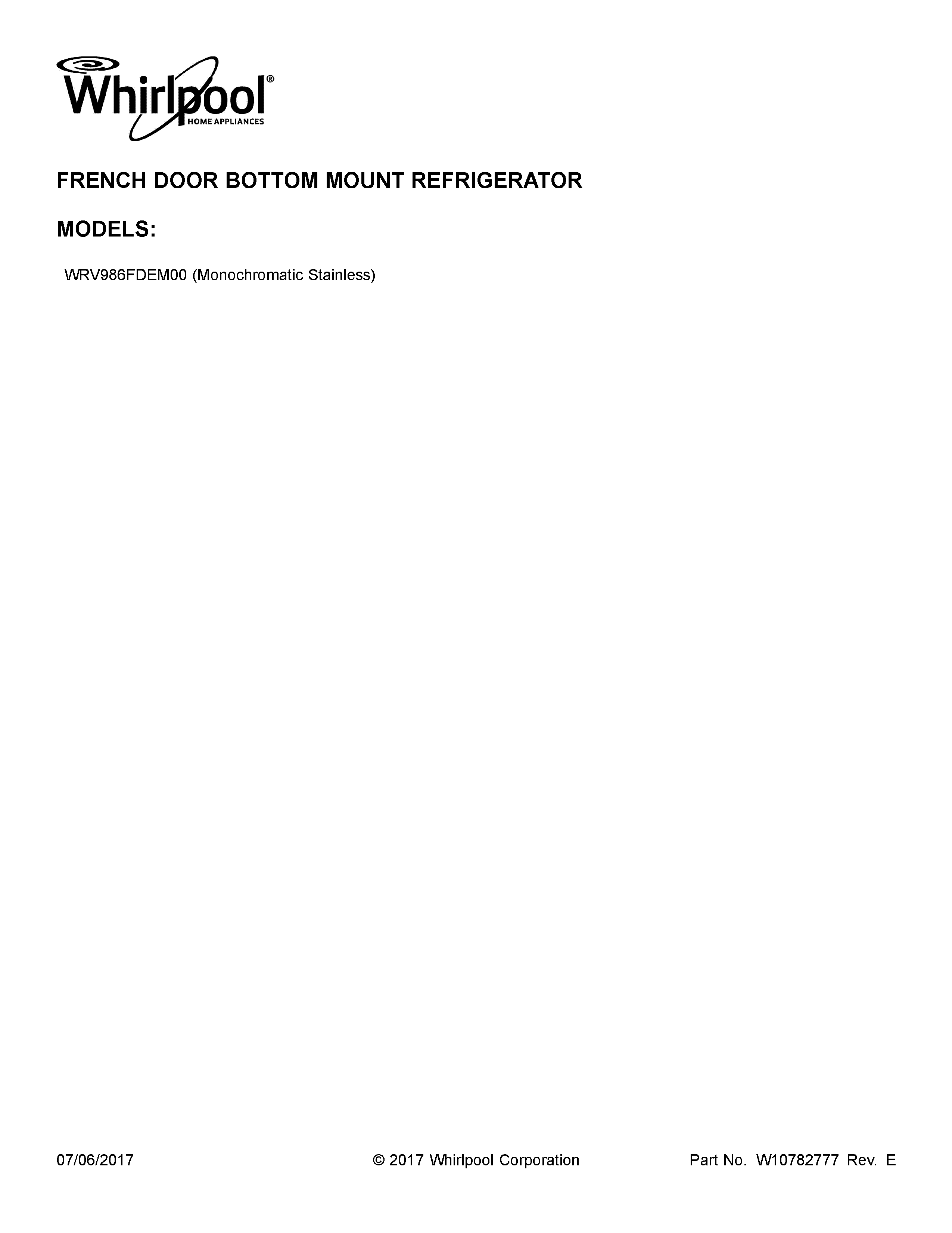 Whirlpool WRV986FDEM00 cover sheet diagram