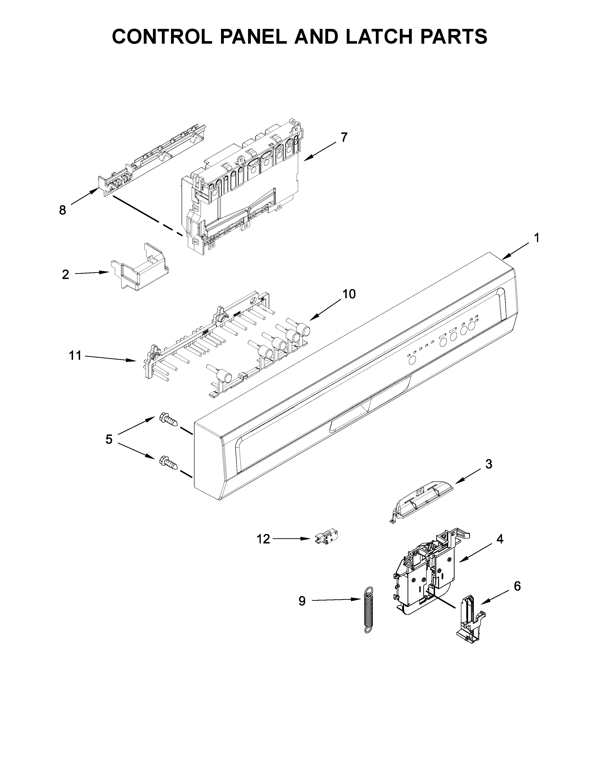 Whirlpool WDF320PADD3 control panel and latch parts diagram