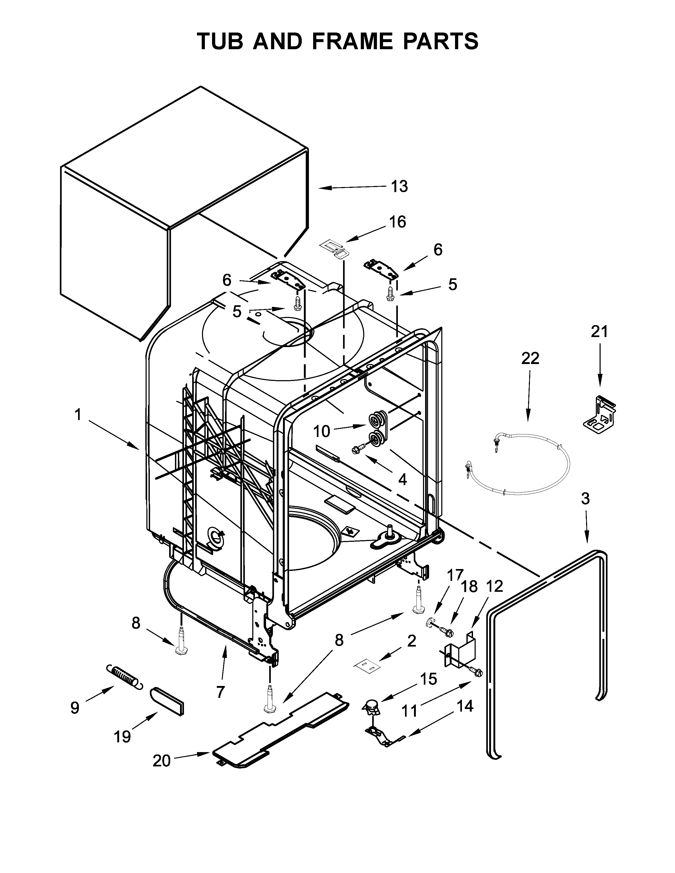 Whirlpool WDF320PADD3 tub and frame parts diagram