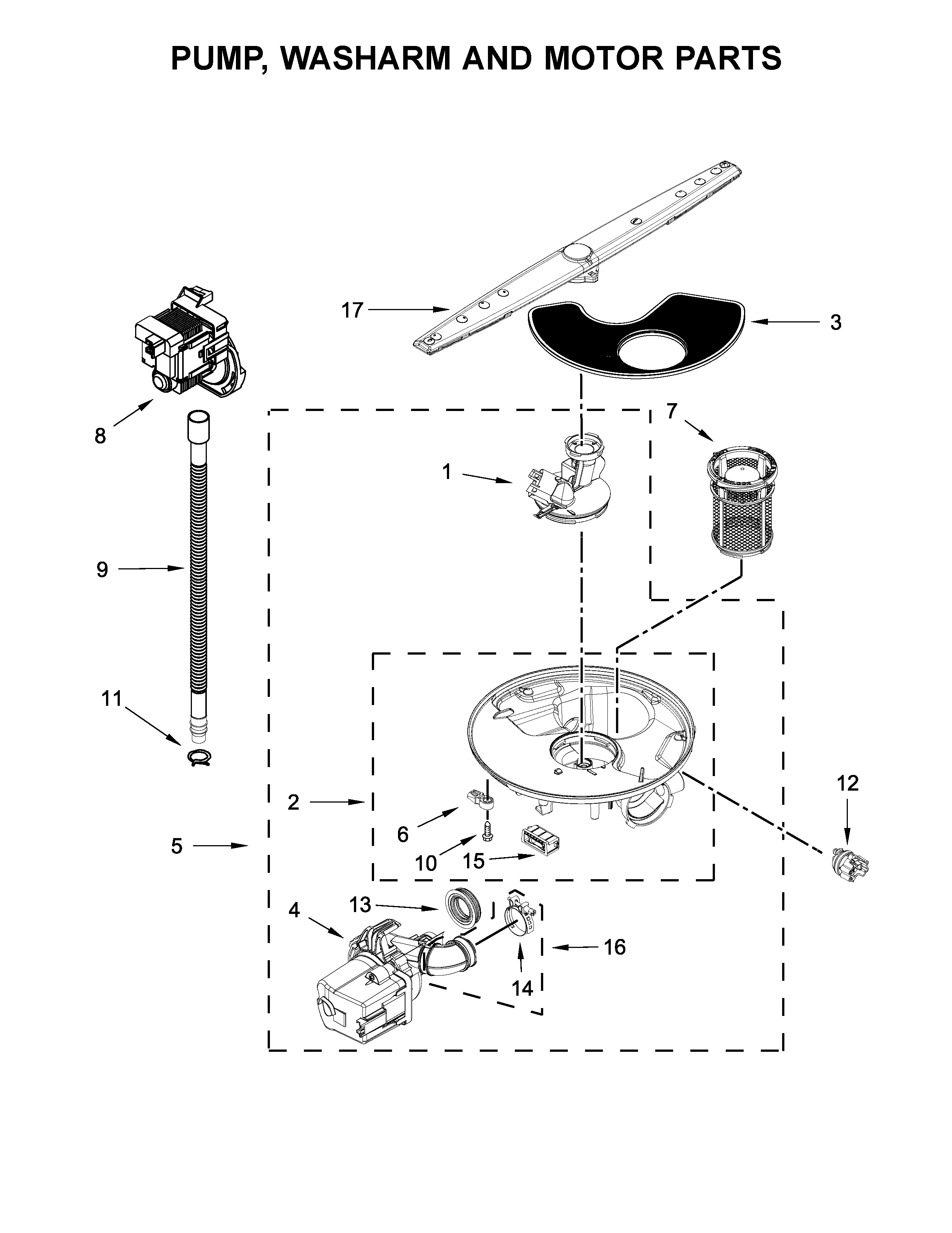 Whirlpool WDF320PADD3 pump, washarm and motor parts diagram