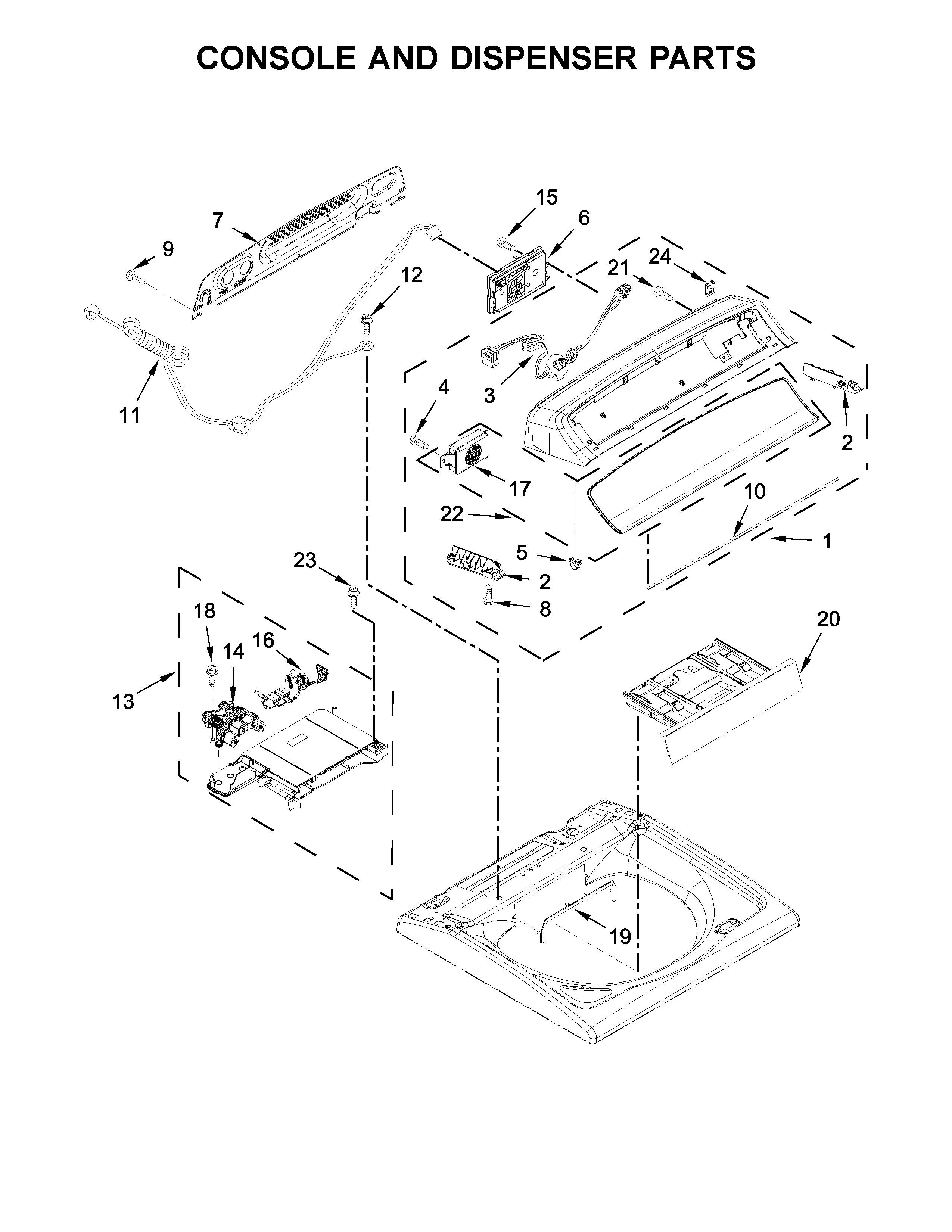 Whirlpool WTW8500DC2 console and dispenser parts diagram