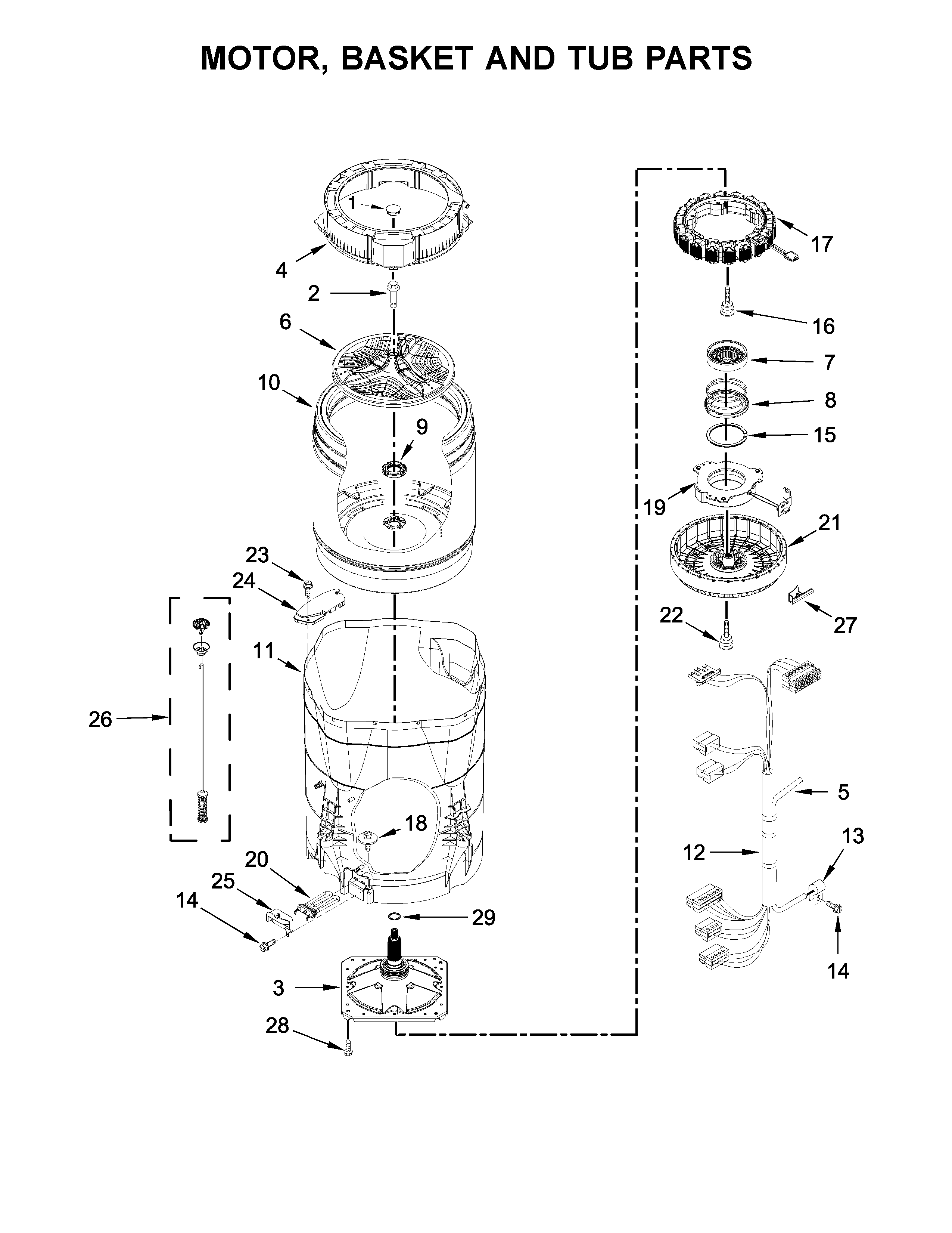 Whirlpool WTW8500DC2 motor, basket and tub parts diagram