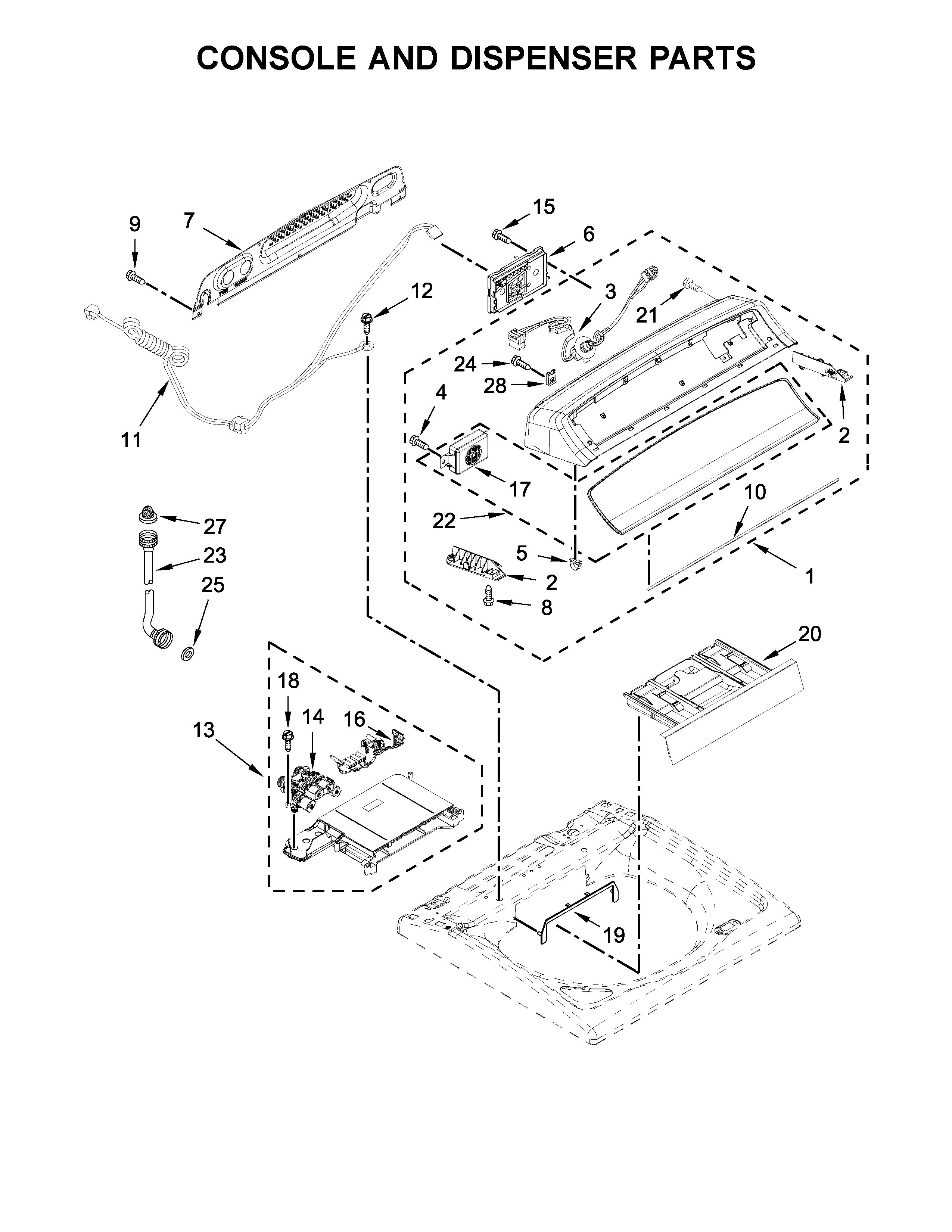 Whirlpool 7MWTW8500EC0 console and dispenser parts diagram