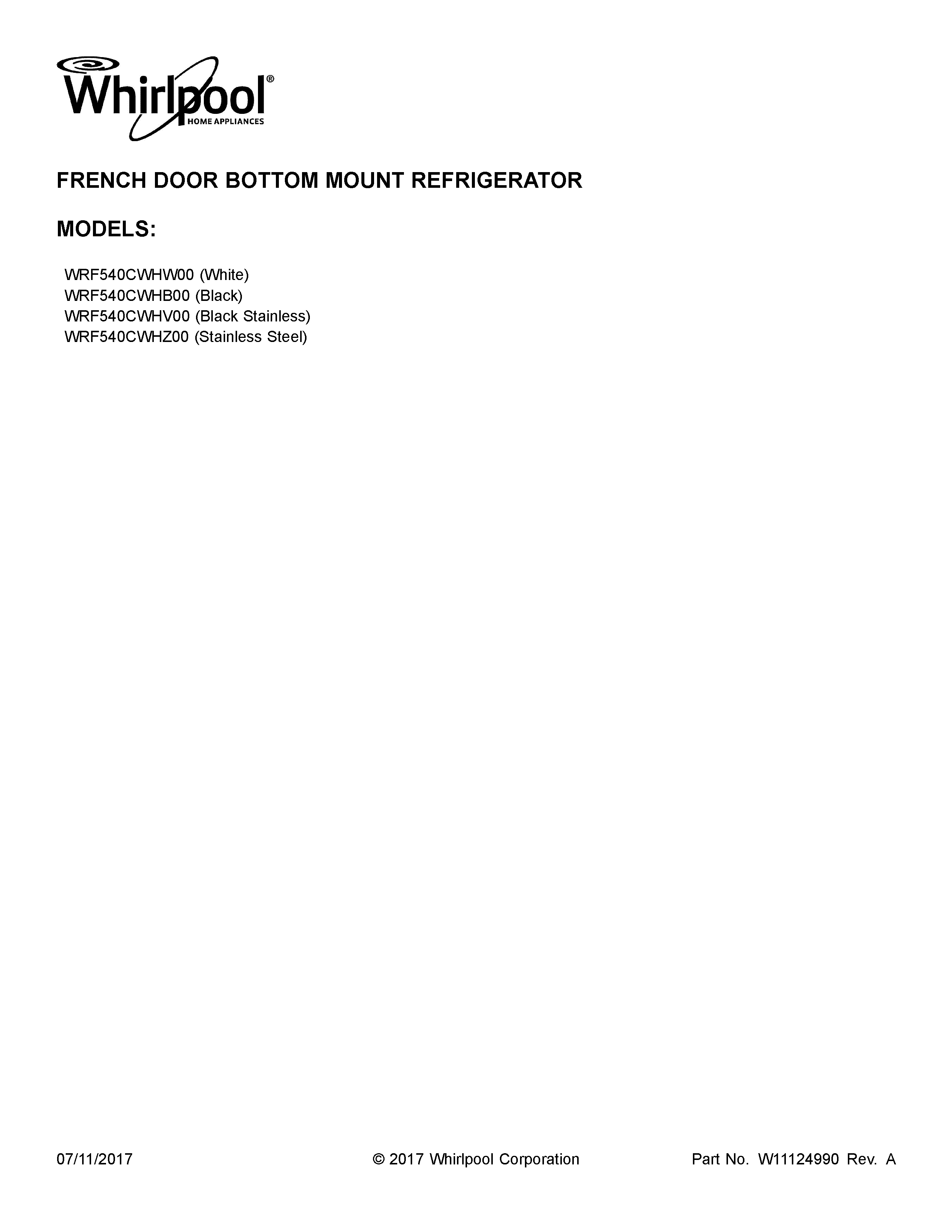 Whirlpool WRF540CWHV00 cover sheet diagram