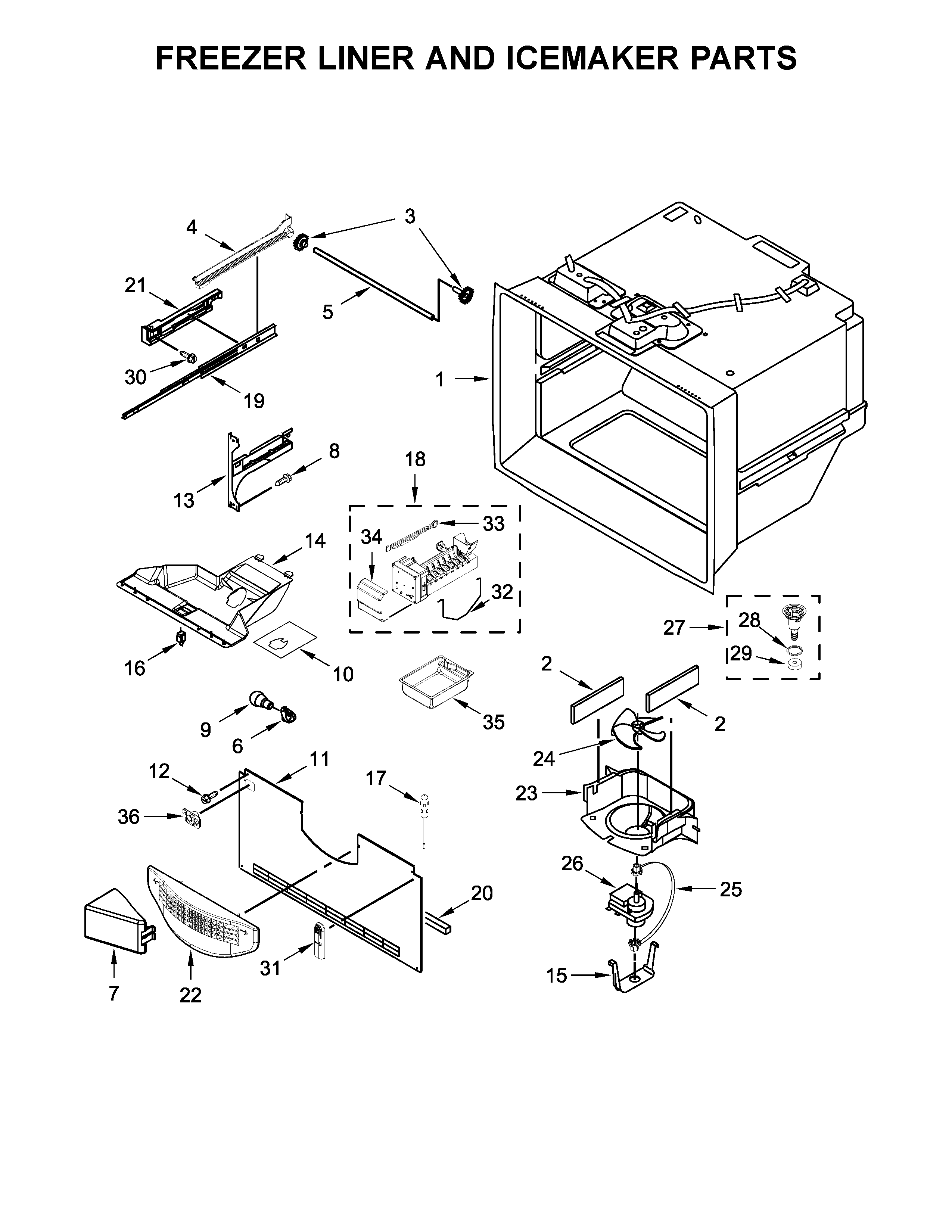 Whirlpool WRF540CWHV00 freezer liner and icemaker parts diagram