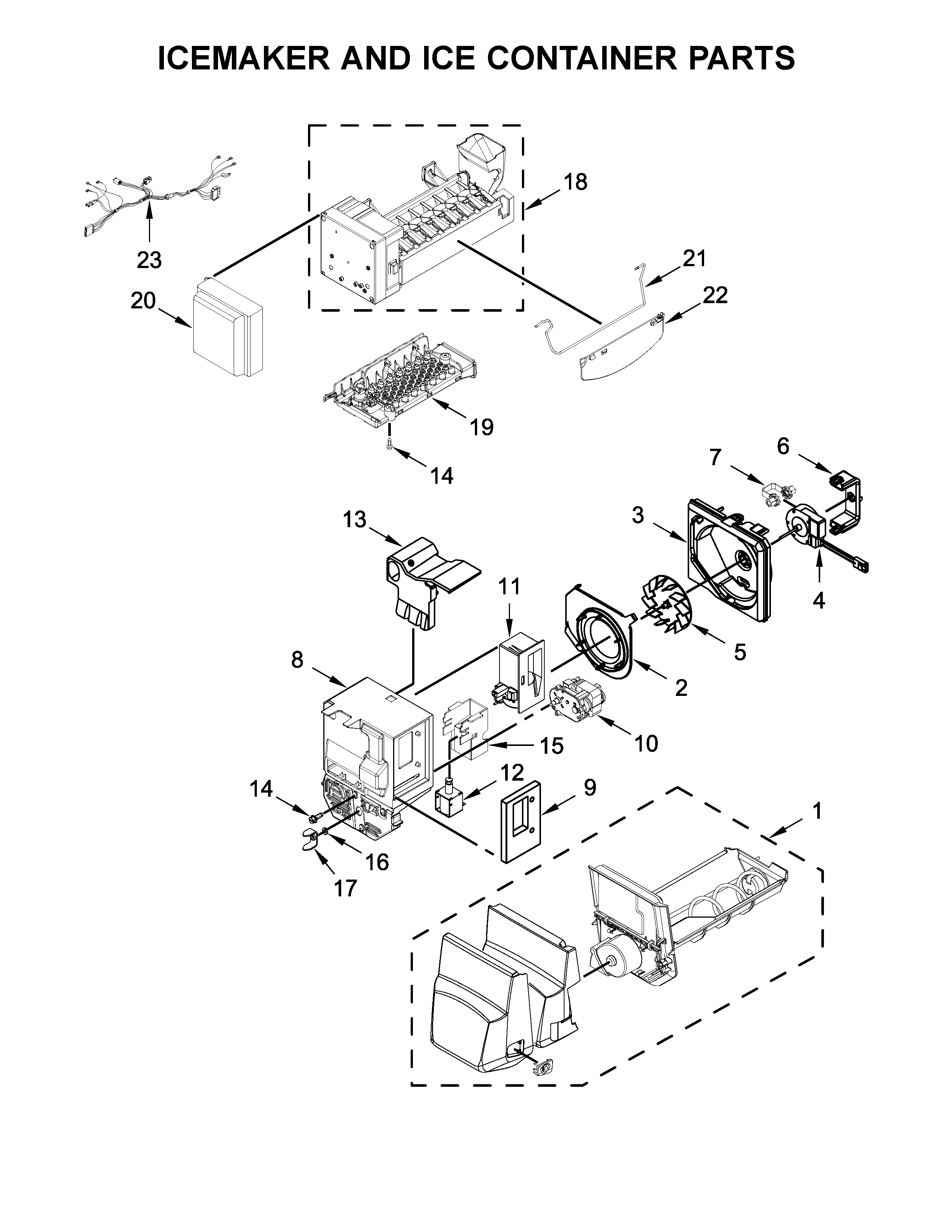 Amana AFI2539ERM03 icemaker and ice container parts diagram