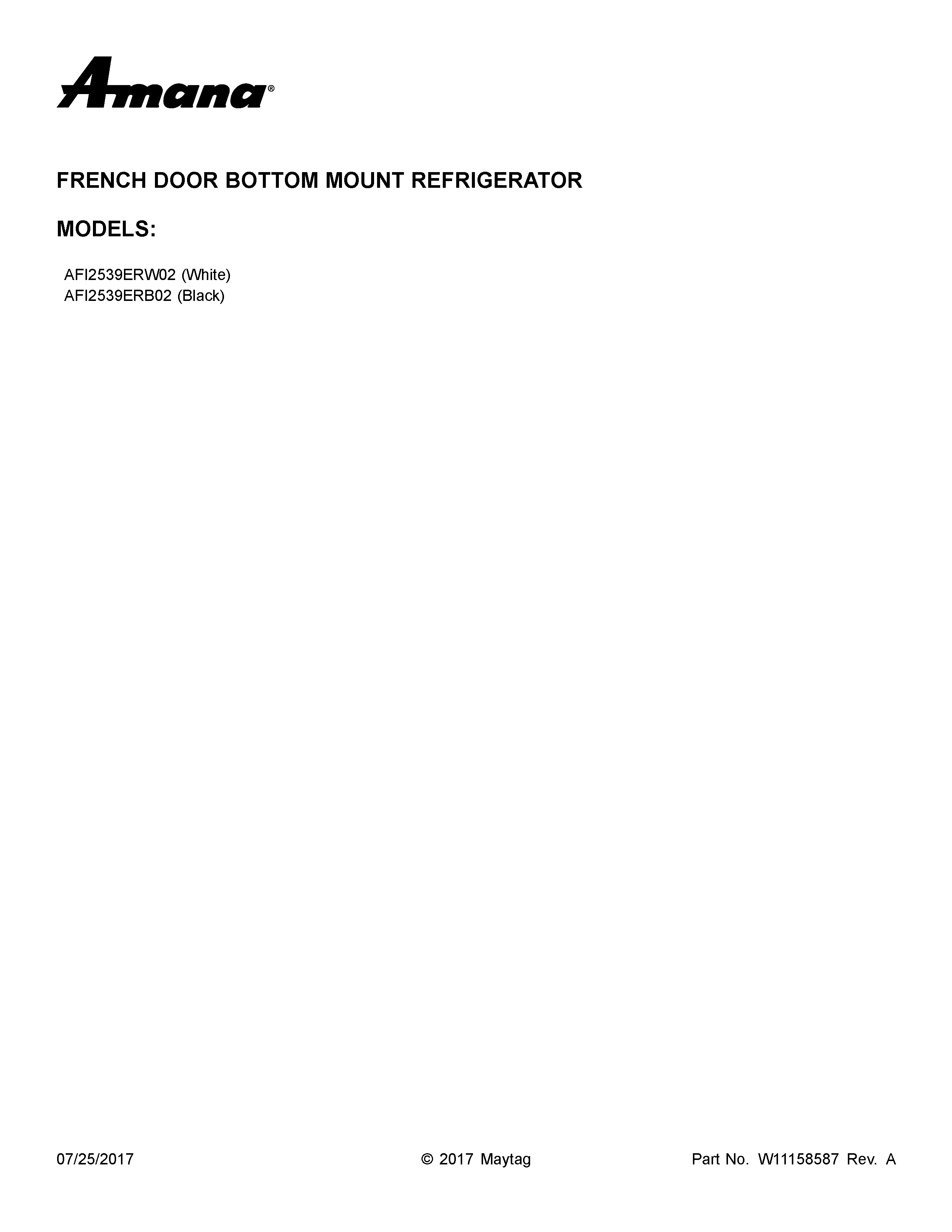 Amana AFI2539ERW02 cover sheet diagram