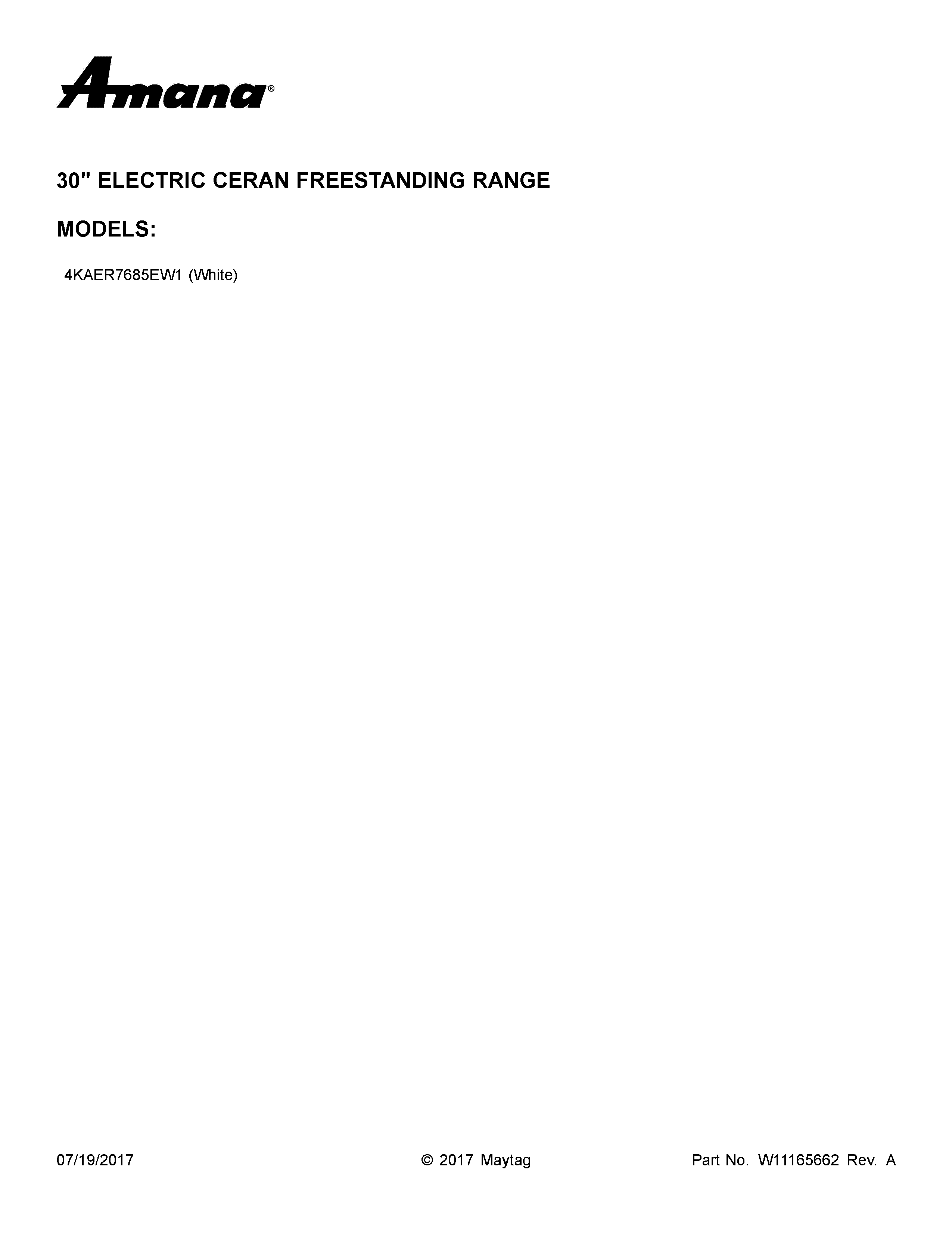 Amana 4KAER7685EW1 cover sheet diagram