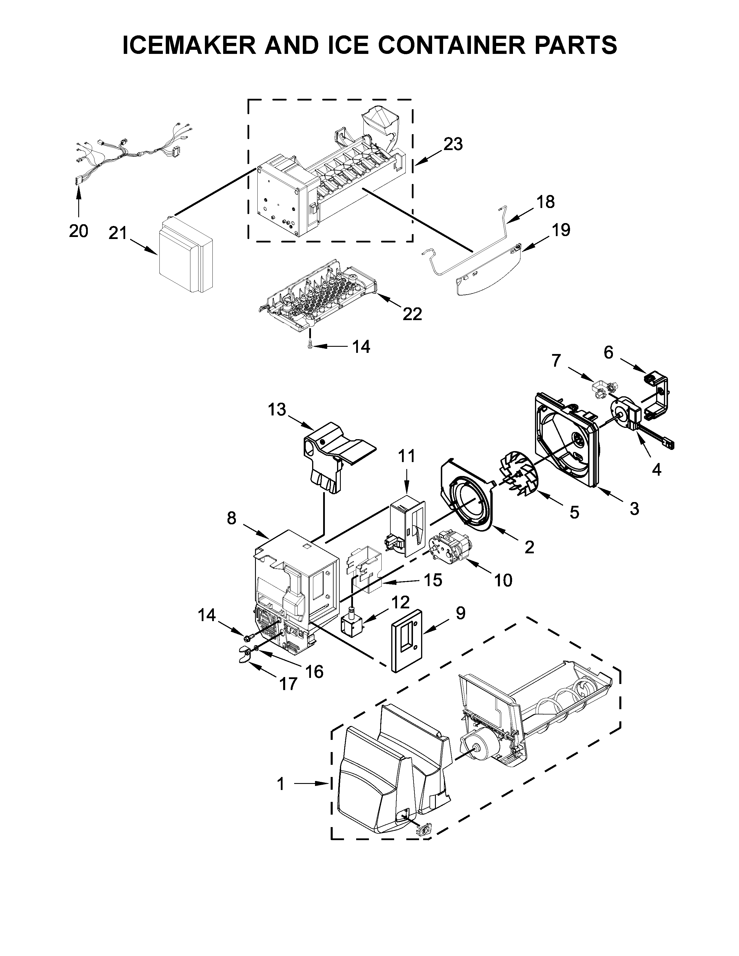 Whirlpool WRF555SDHV01 icemaker and ice container parts diagram